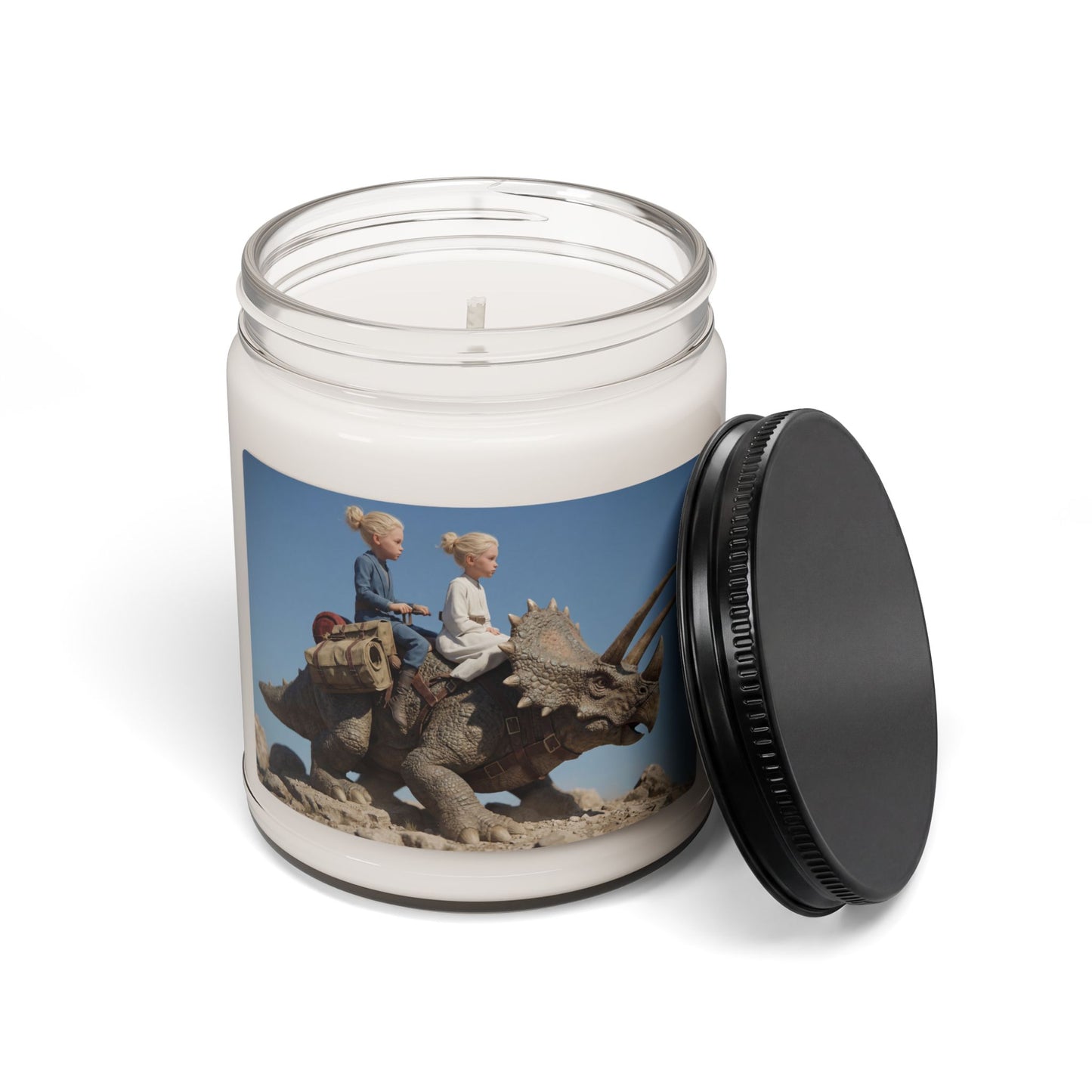 Twin Adventurers on Triceratops Scented Soy Candle, 9oz – Dusty Desert Odyssey