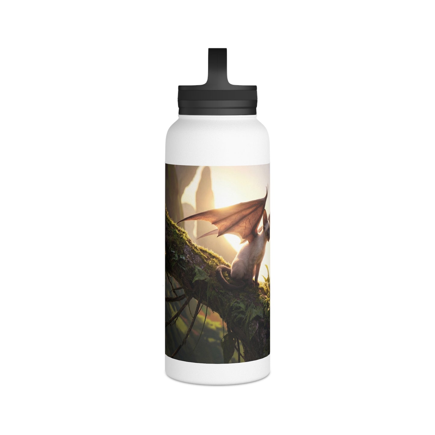 Winged Siamese Kittens Stainless Steel Water Bottle, Handle Lid – Morning Light in the Ancient Grove