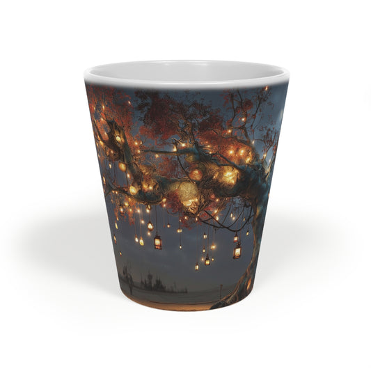 Lantern-Lit Wisp Tree Latte Mug, 12oz – Amber and Blue Guardian Grove