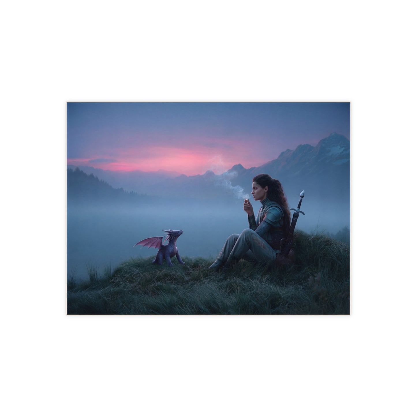 Warrior and Dragon Sunset Ceramic Photo Tile – Quiet Moments with a Companion