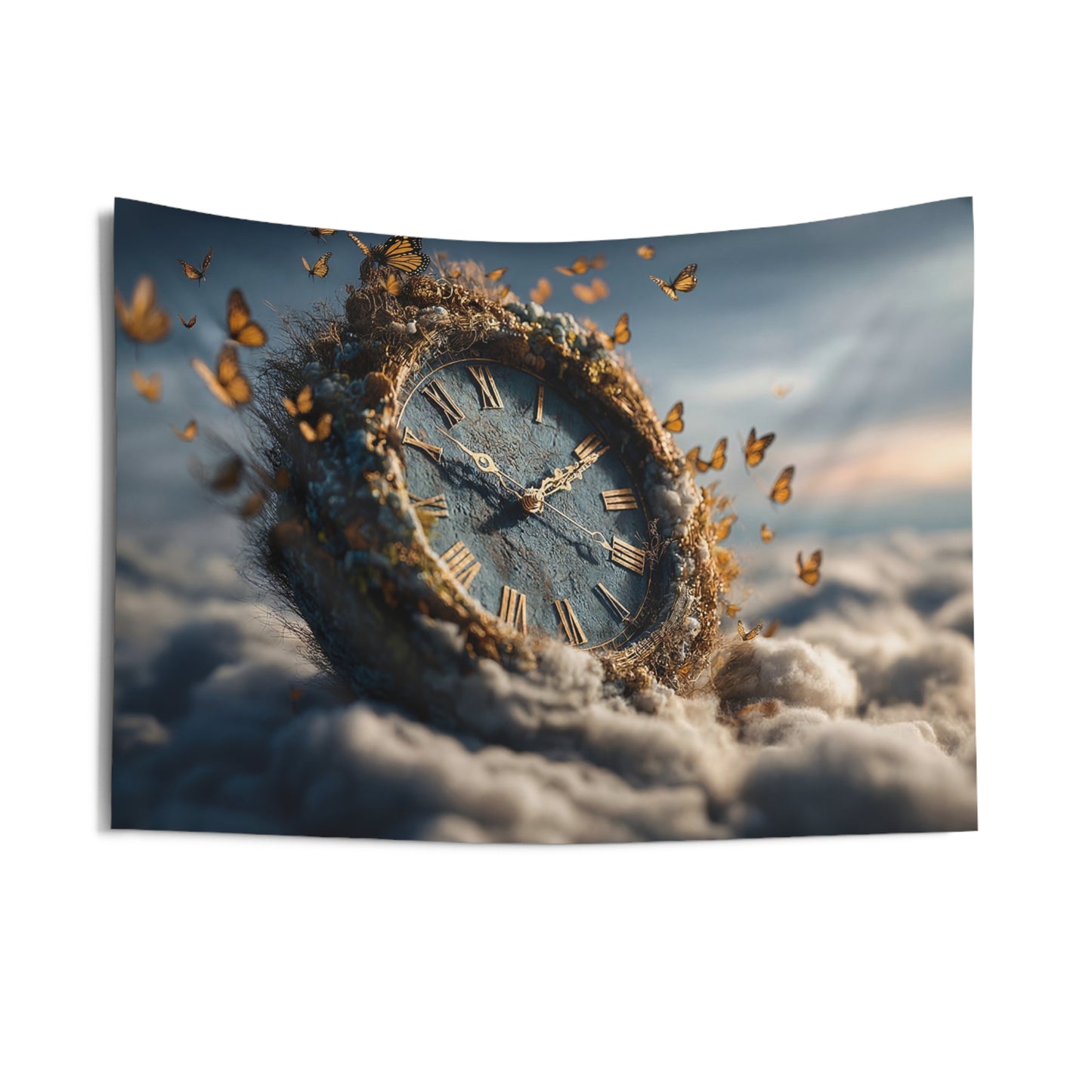 Monarch Clock Wall Tapestry – Timeless Wings Over Cloudscape