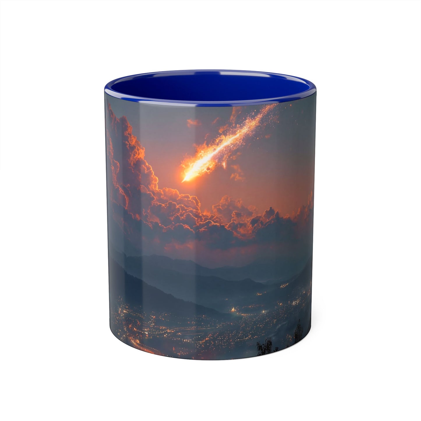 Meteor Over Valley Accent Mugs, 11oz – Fiery Skyfall from Twilight Cliffs