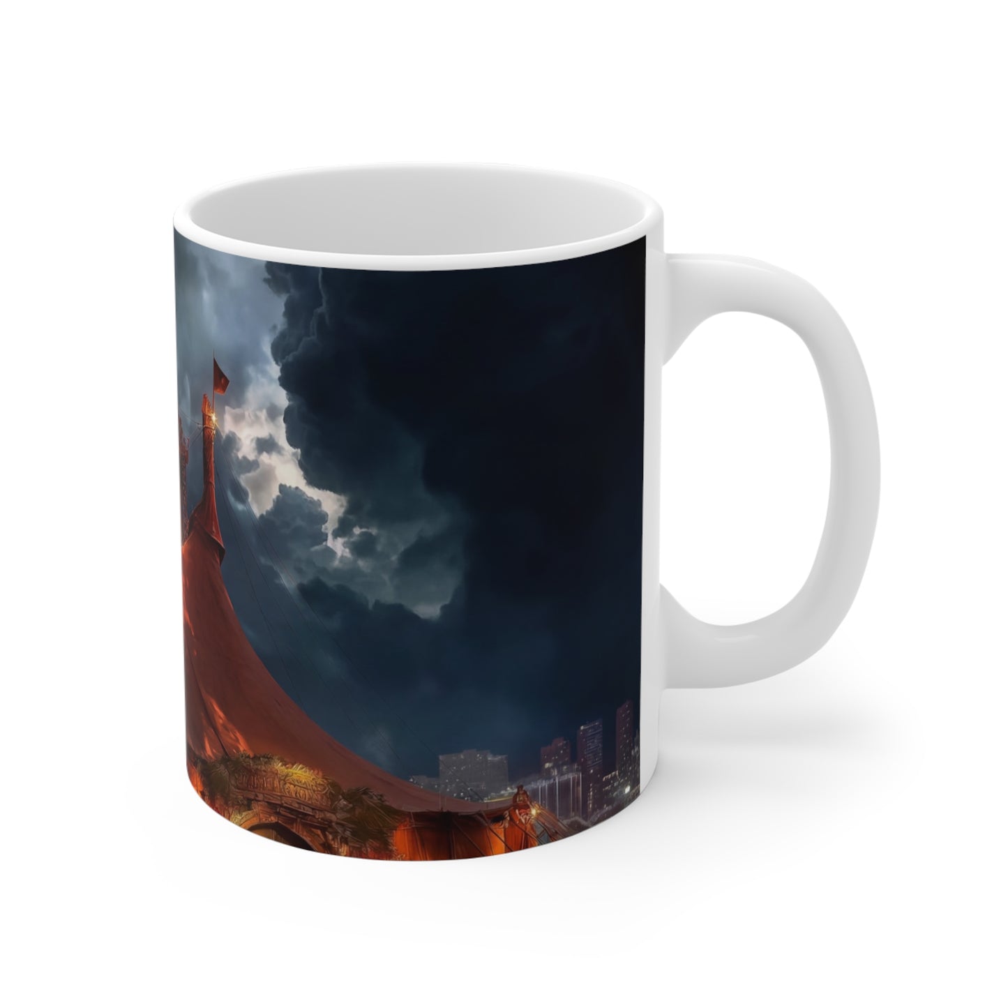 Crimson Circus Tent Mugs – Neon Nightscape Under Stormy Skies