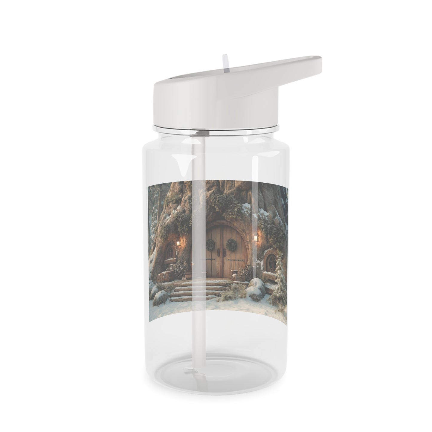 Frost-Touched Hobbit Door Tritan Water Bottle – Snowy Woodland Hearth Scene