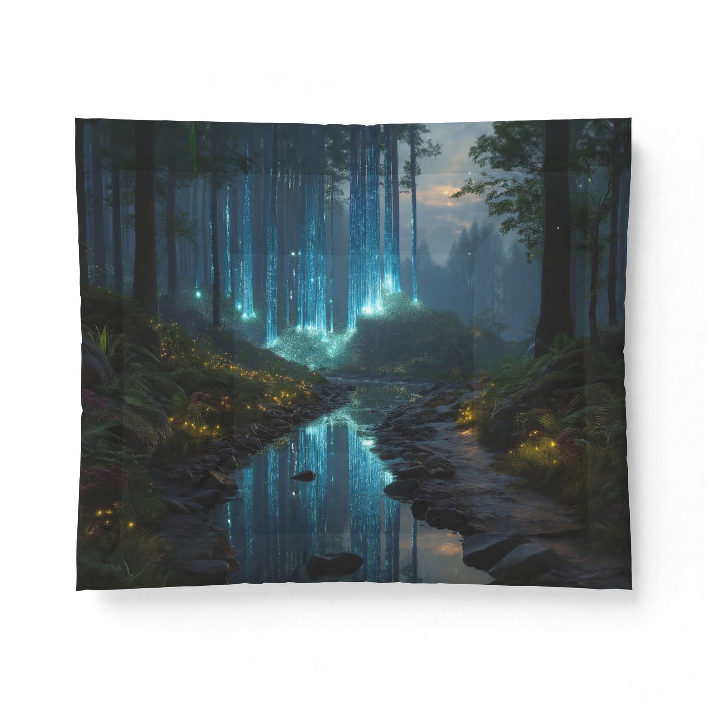 Bioluminescent Forest Stream Cotton Comforter – Midnight River Reflections