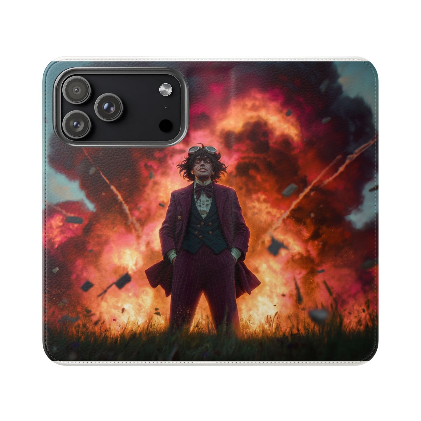 Goggles & Chaos Flip Cases – Purple Suit Amidst Fiery Explosion