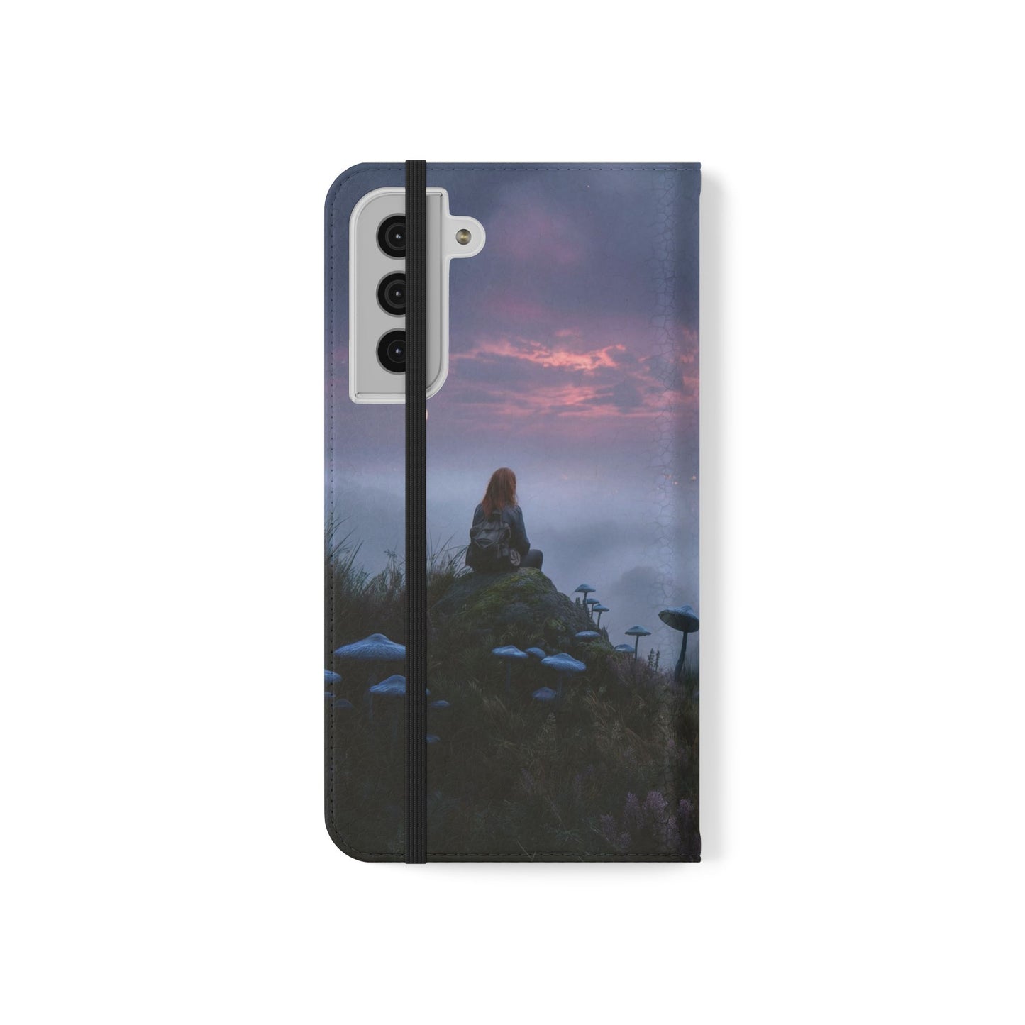 Misty Hilltop Flip Cases – Red-Haired Wanderer at Twilight