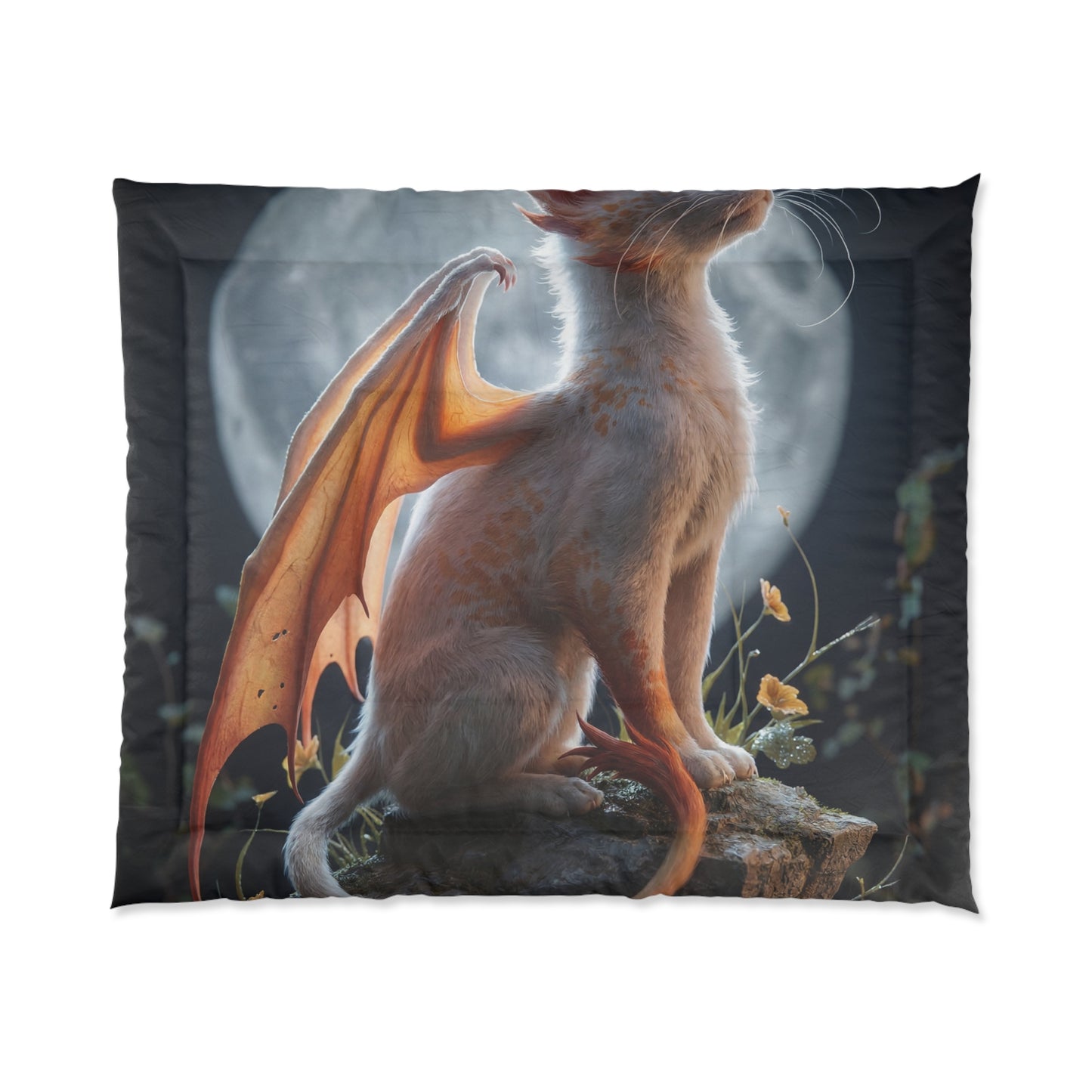 Moonlit Dragon Cat Comforter – Whispering Wings Under the Full Moon