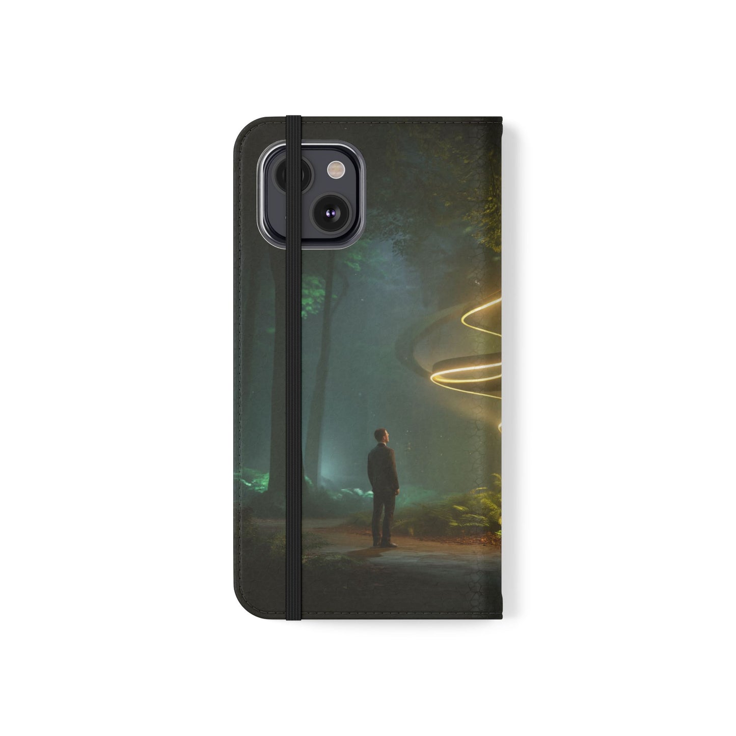 Luminous Spiral Forest Flip Cases – Golden Light Rings Mystery Scene