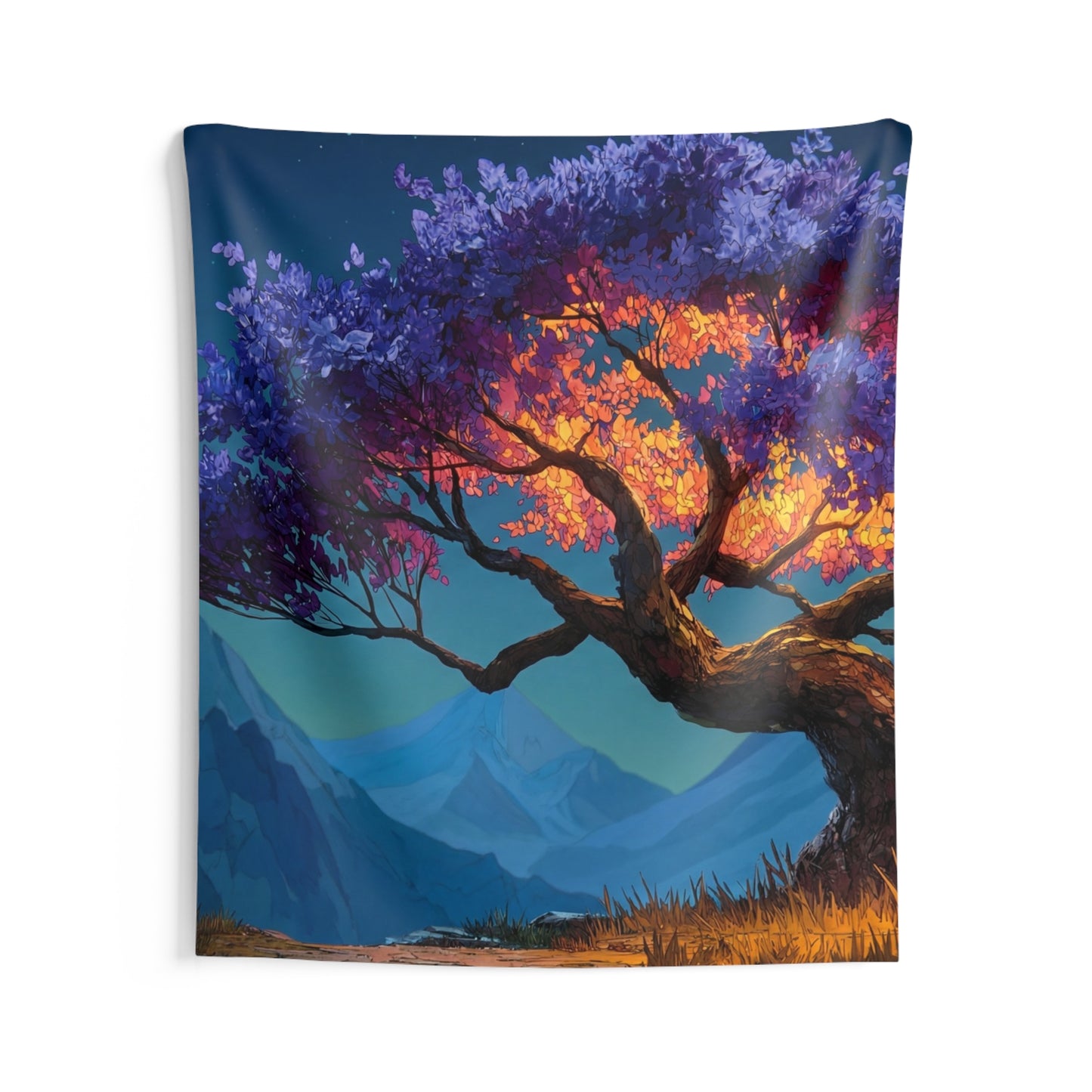 Celestial Tree Wall Tapestry – Twilight Bloom in Mountain Vale
