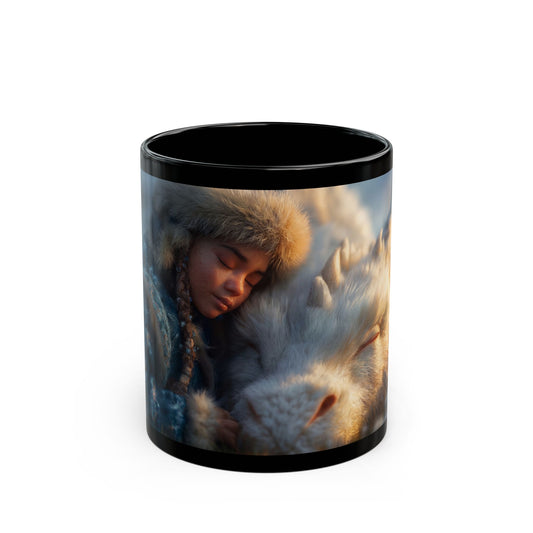 Winter’s Quiet Companion Black Mug – Snowdrift Embrace with Frost-Scaled Dragon