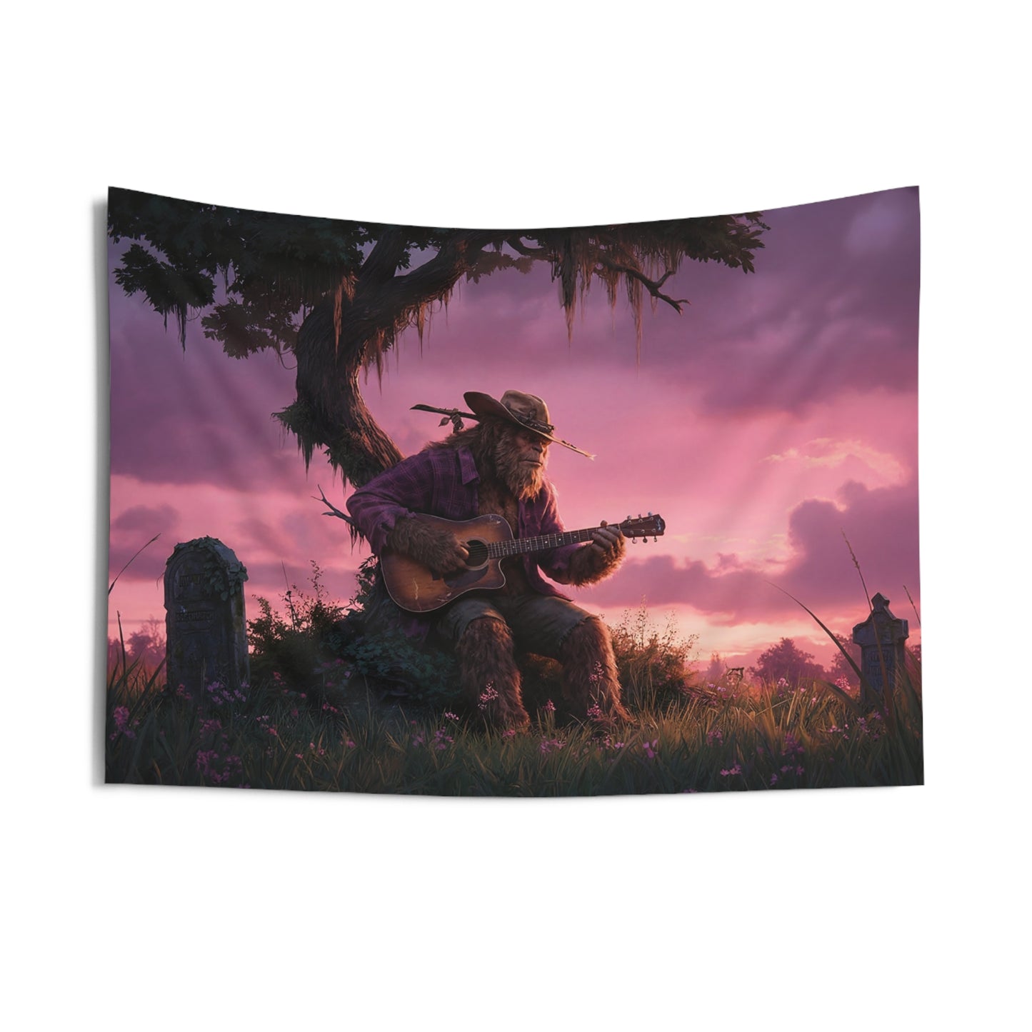 Bigfoot Folk Singer Wall Tapestry – Sunset Serenade in the Whispering Grove