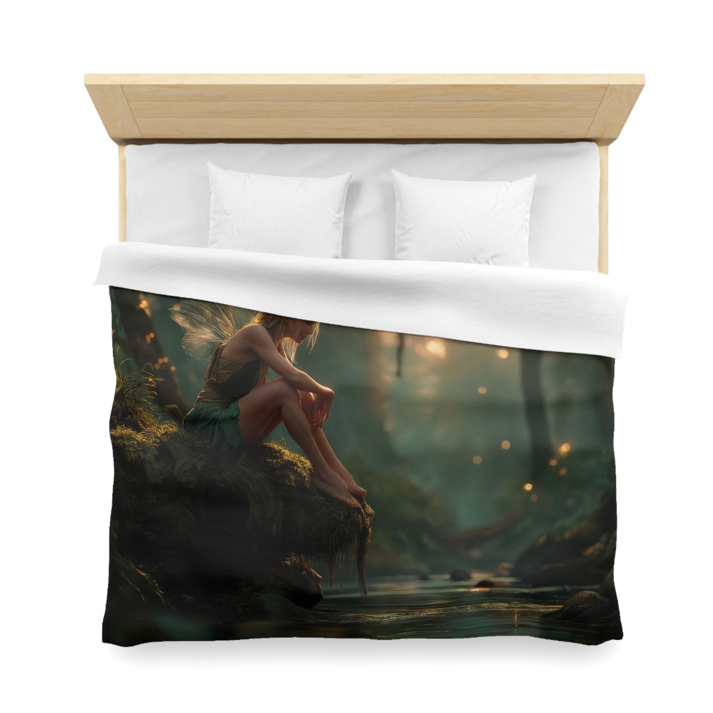 Moss-Clad Fairy River Guardian Duvet Cover – Golden Hour Forest Sanctuary