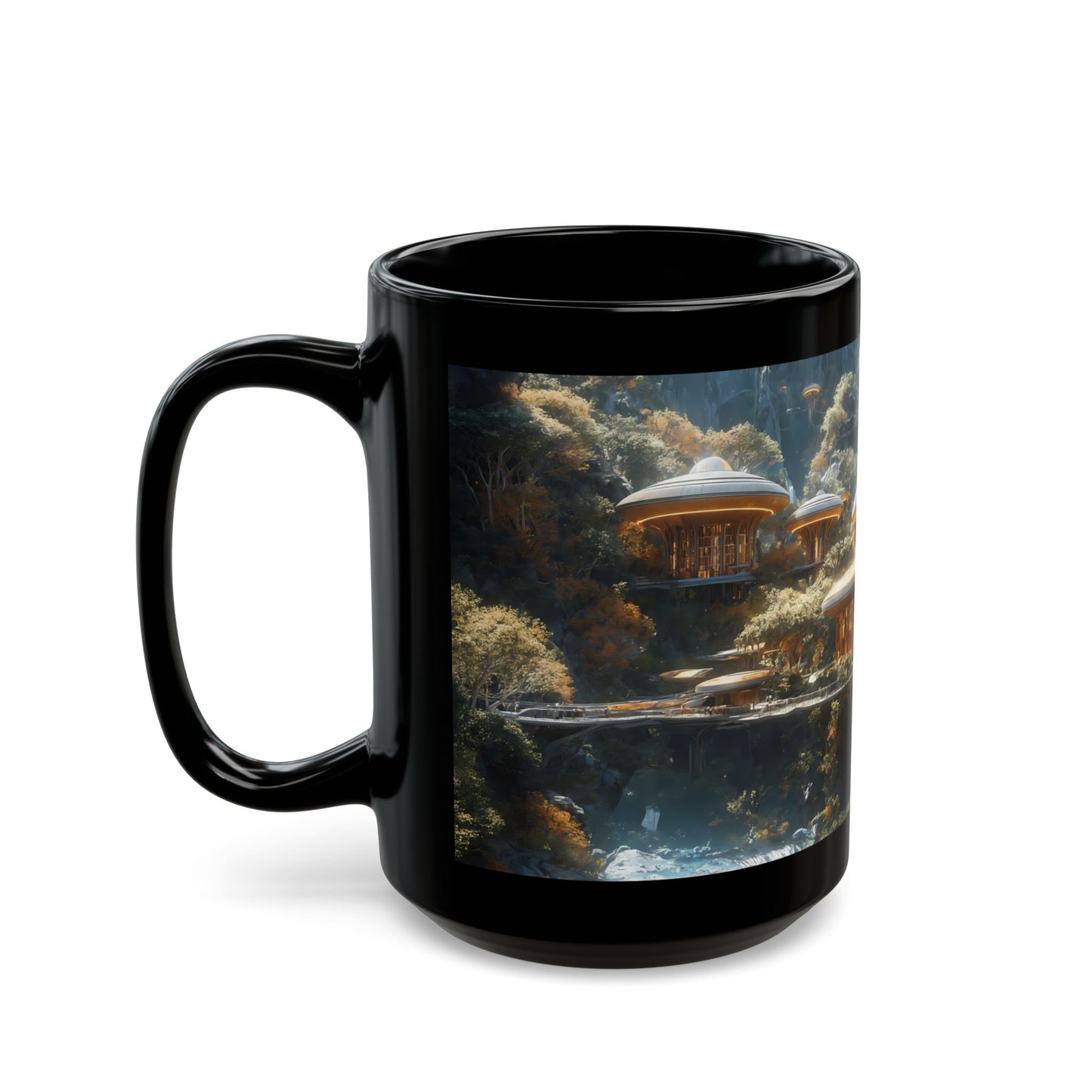 Floating Dome Village Black Mug – Sunlit Sky-Cliff Haven