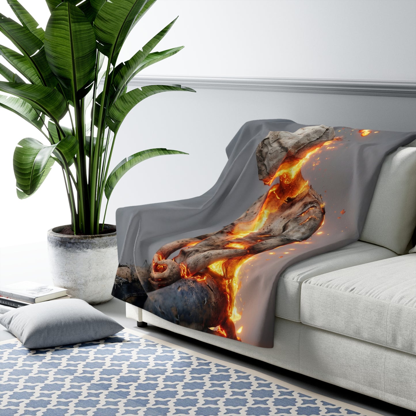 Inner Fire Blanket – Kneeling Figure Burning from Within Sherpa Fleece Throw