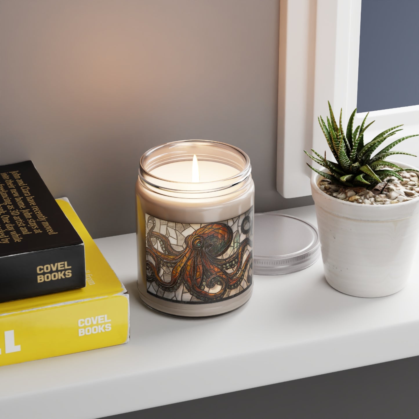 Stained Glass Octopus Scented Soy Candles with White Lid, 9oz – Deep Sea Cathedral Light