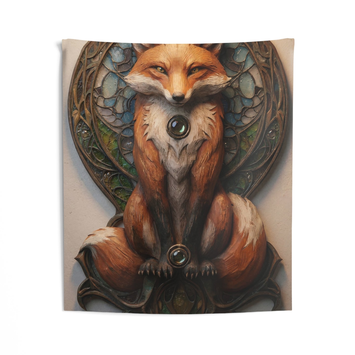 Fox Sentinel Wall Tapestry – Stained Glass Guardian in Warm Amber Light