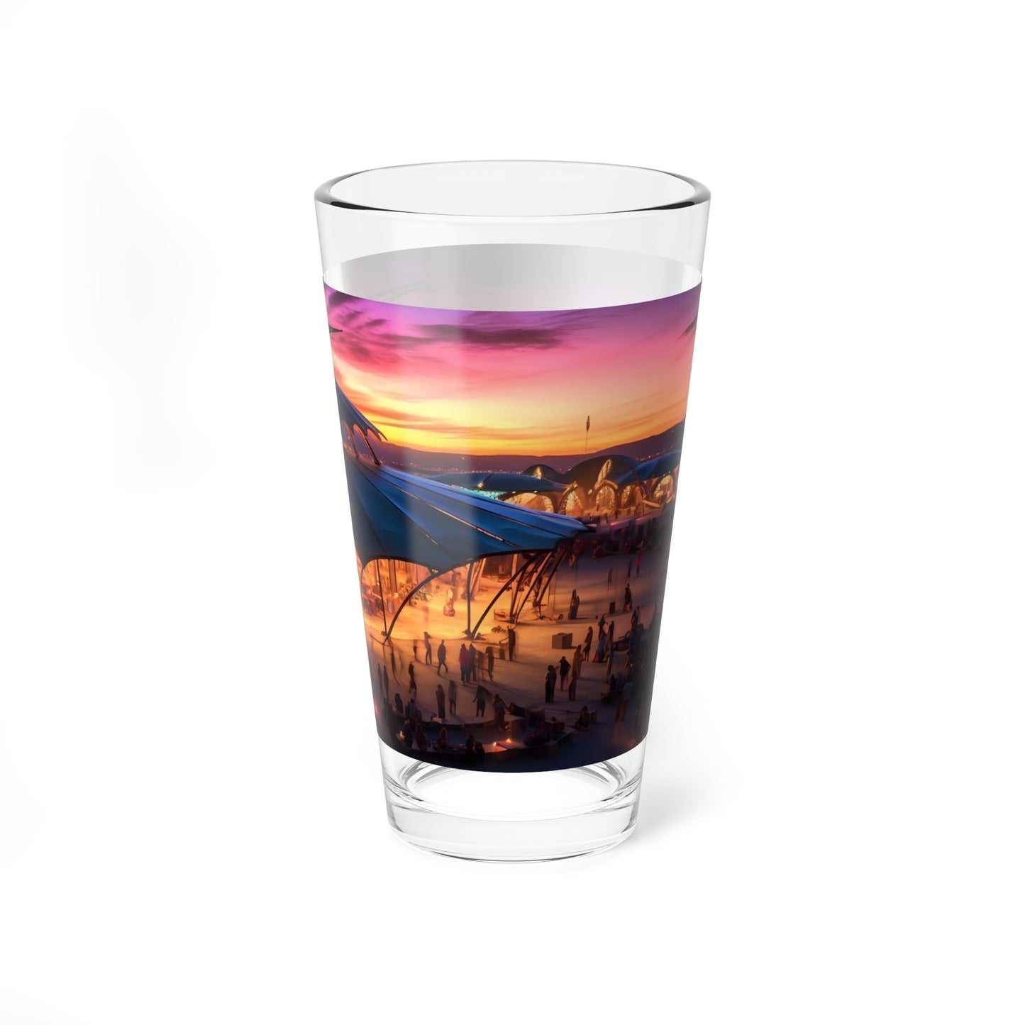 A magical aurora borealis illuminates the Burning Man festival, casting an ethereal glow on the diverse tapestry of human expression below.  - Mixing Glass, 16oz