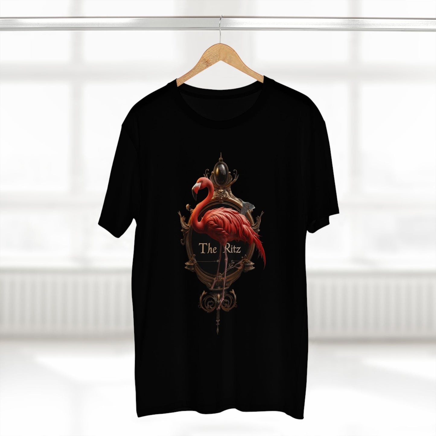 Crimson Flamingo The Ritz Tee – Ornate Gold Crest & Elegant Bird Art