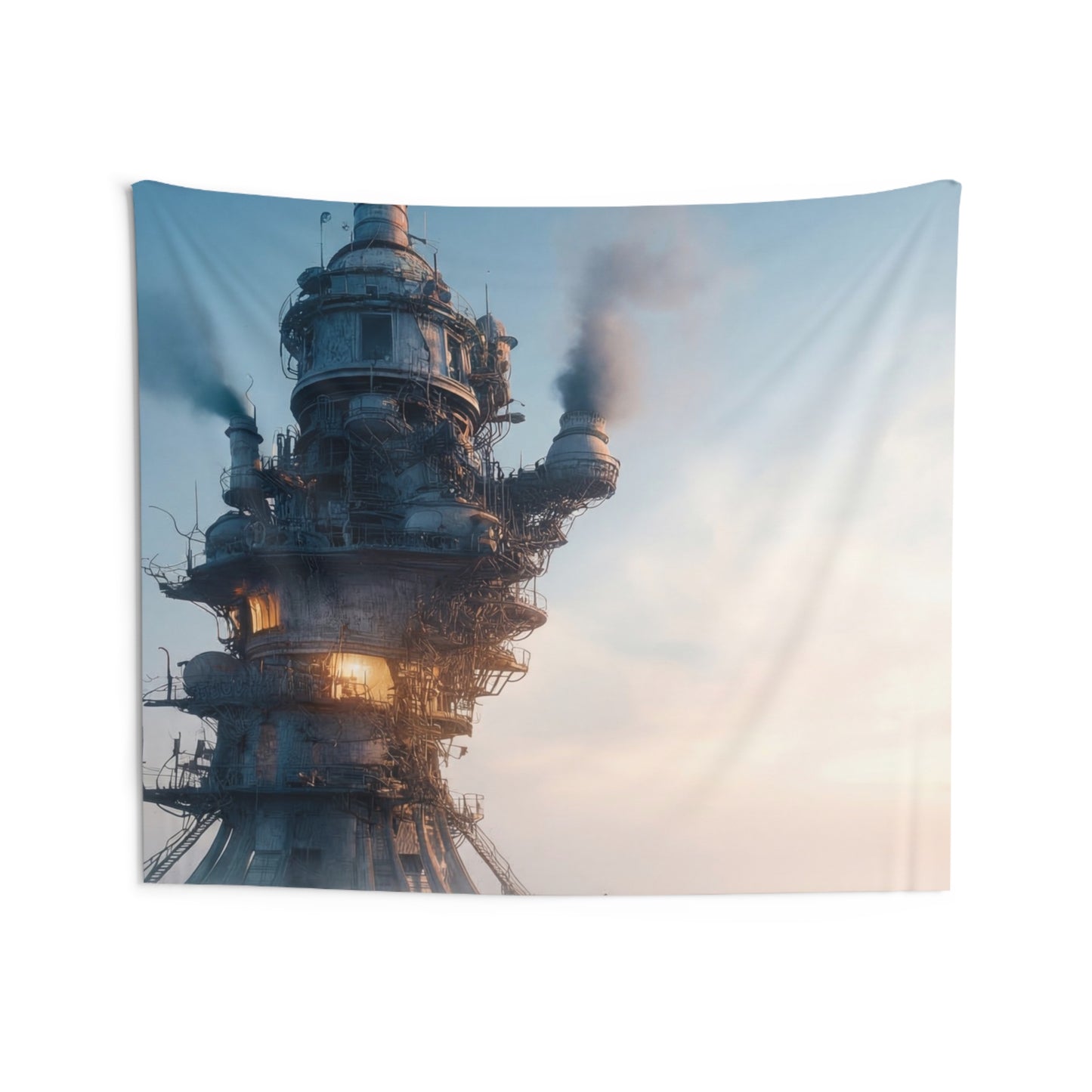 Steamforged Tower Indoor Wall Tapestries – Dusk Over the Iron Sentinel