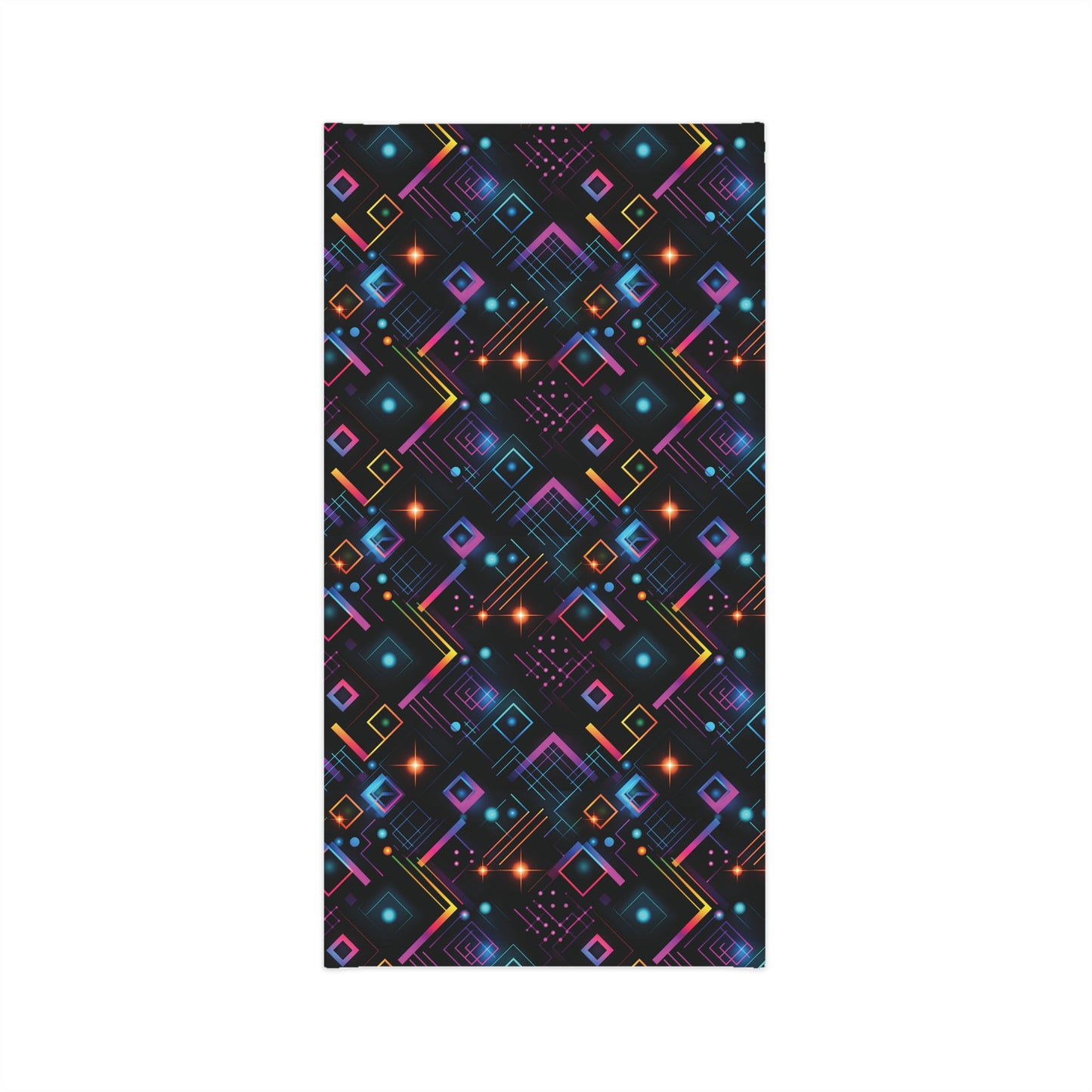 "A tiling pattern of abstract geometric shapes in neon colors with laser beam accents on a black background" - Lightweight Neck Gaiter