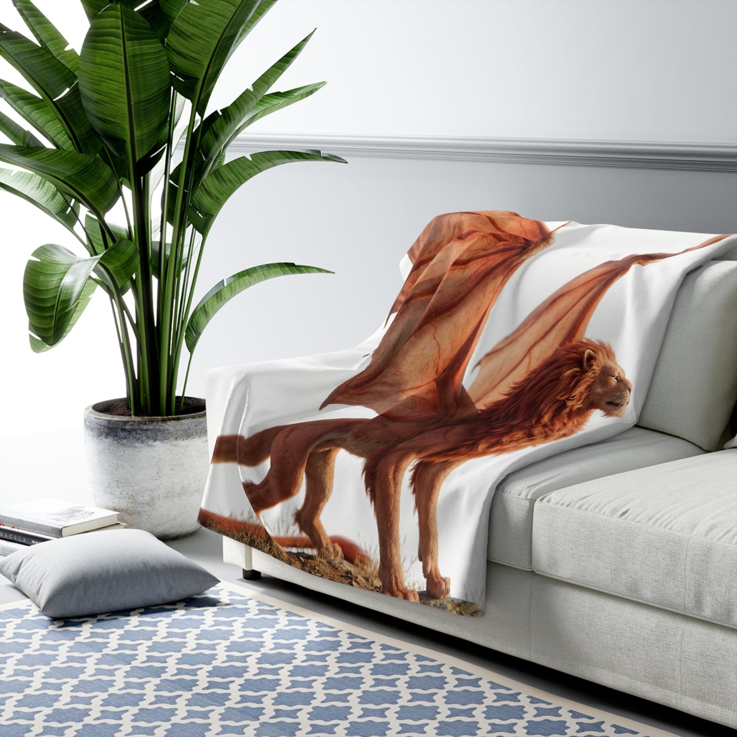 Winged Lion Sentinel Sherpa Fleece Blanket – Sunset Guardian on the Ridge