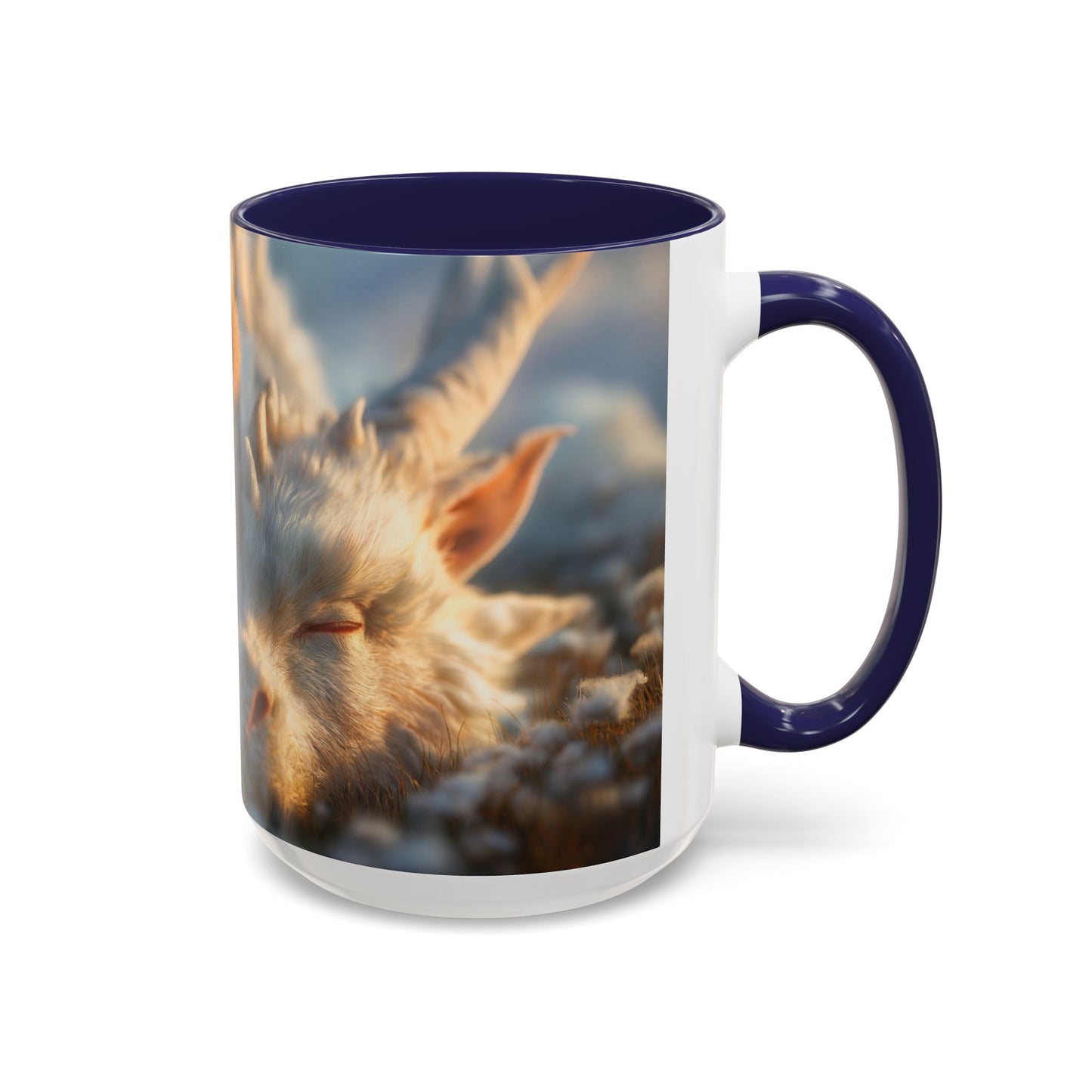 Winter Guardian Accent Coffee Mug (11, 15oz) – Fur-Hooded Child Sleeping Beside White Dragon Sentinel