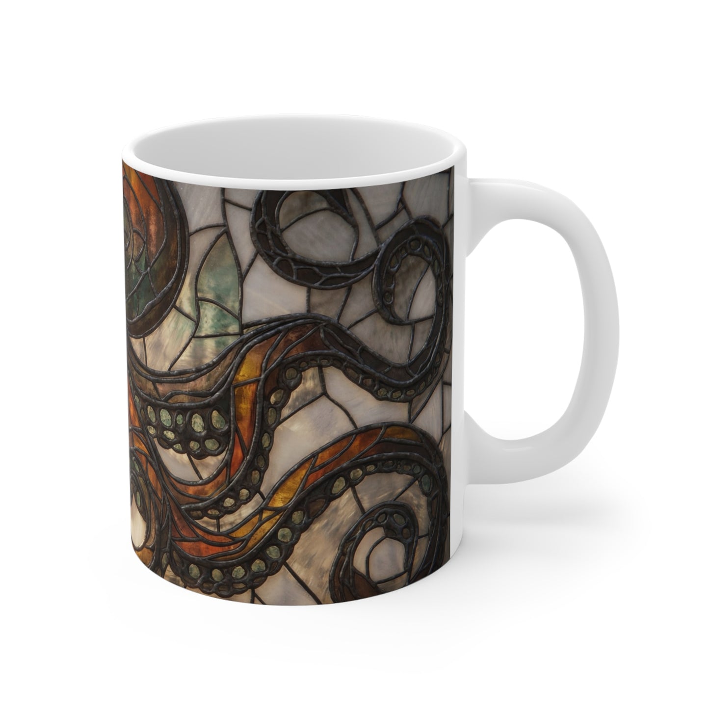 Art Nouveau Octopus Stained Glass Mug – Warm Amber Whirls on Deep Frame