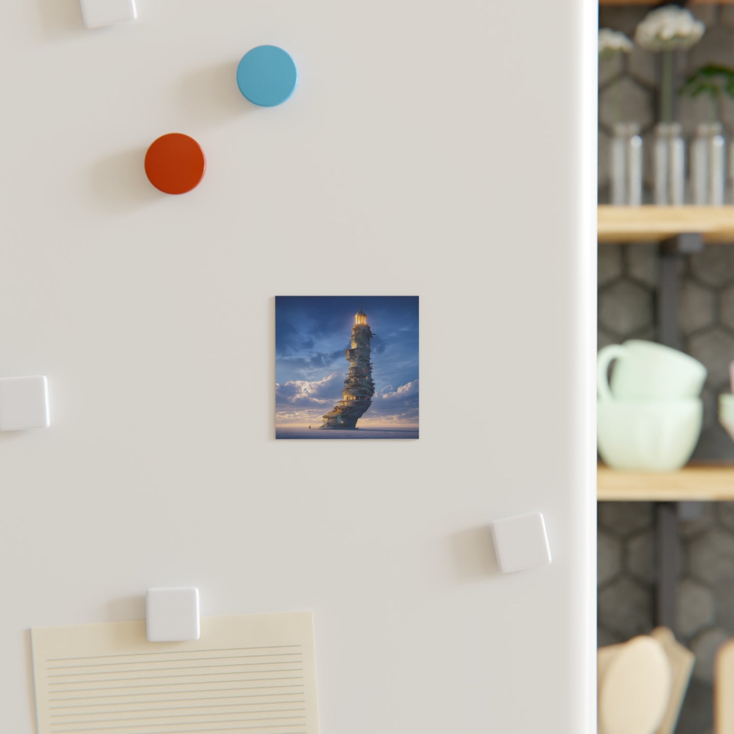 Skyborne Lighthouse Square Magnet – Twilight Beacon in the Clouds