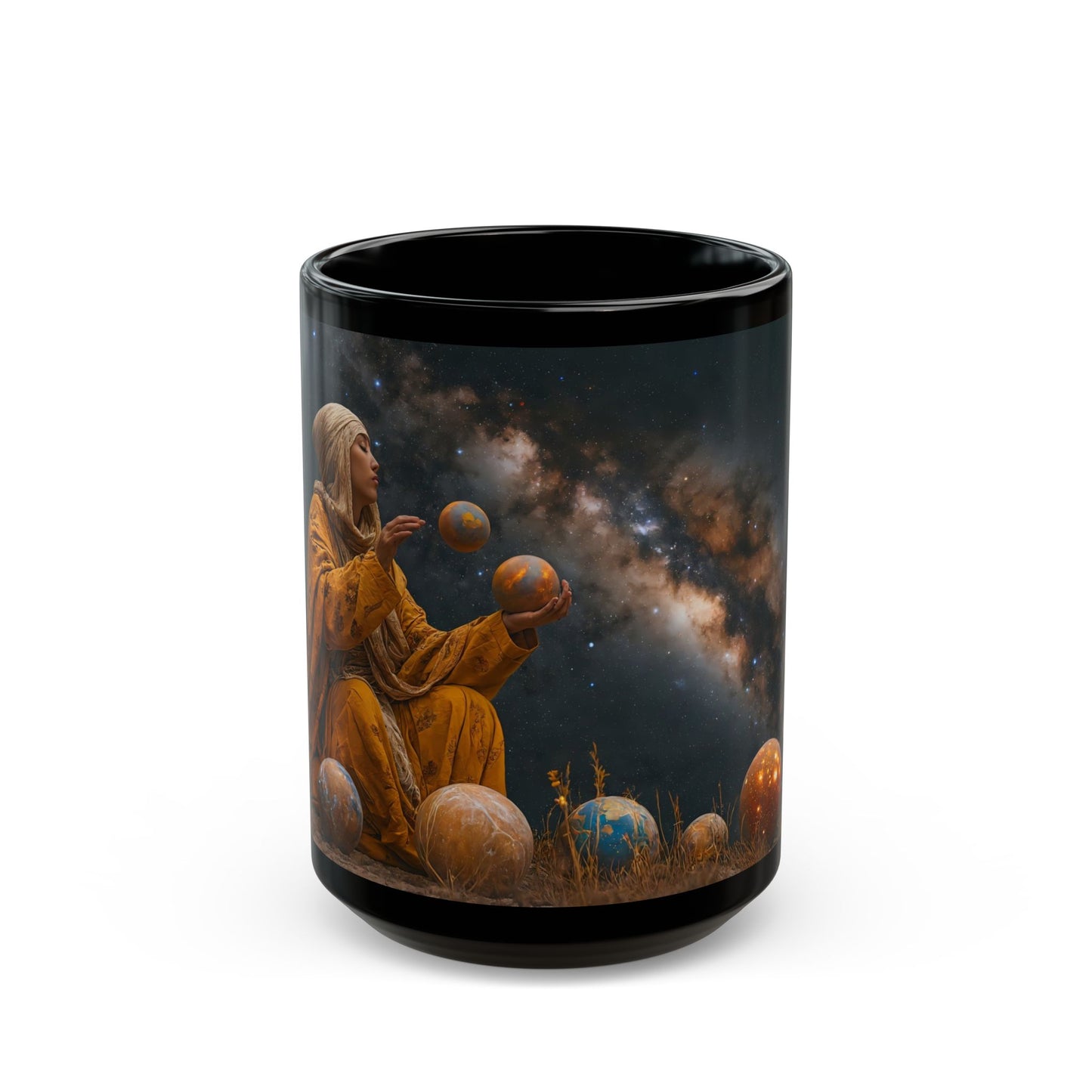 Celestial Weaver Black Mug – Cosmic Threads in Amber Robes