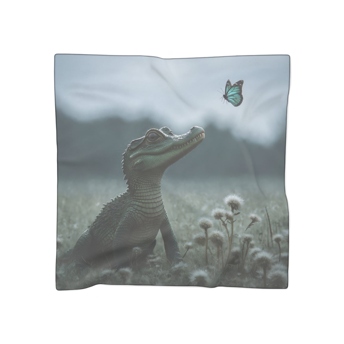 Curious Caiman Poly Scarf – Teal Butterfly Encounter