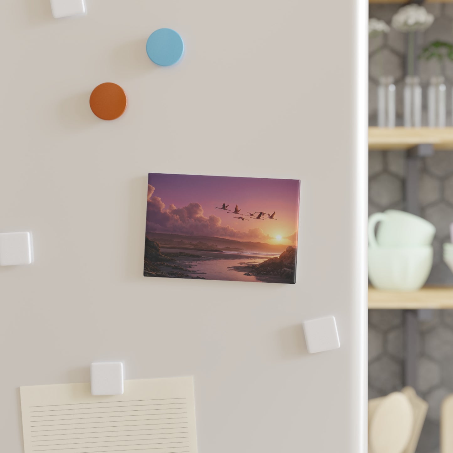 Flamingo Flight Button Magnet, Rectangle (1 & 10 pcs) – Sunset Serenade Over Saltwater Shores