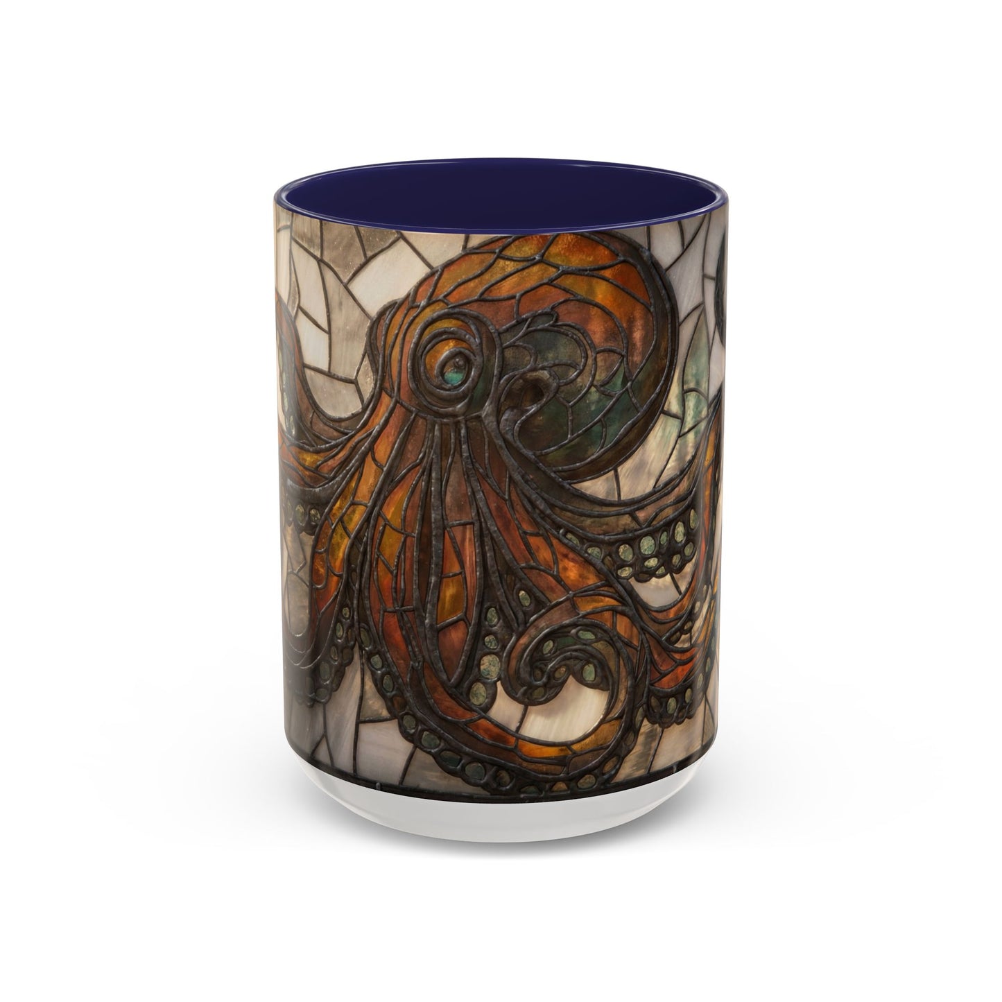 Stained Glass Octopus Accent Coffee Mug – Amber Tentacle Mosaic Art
