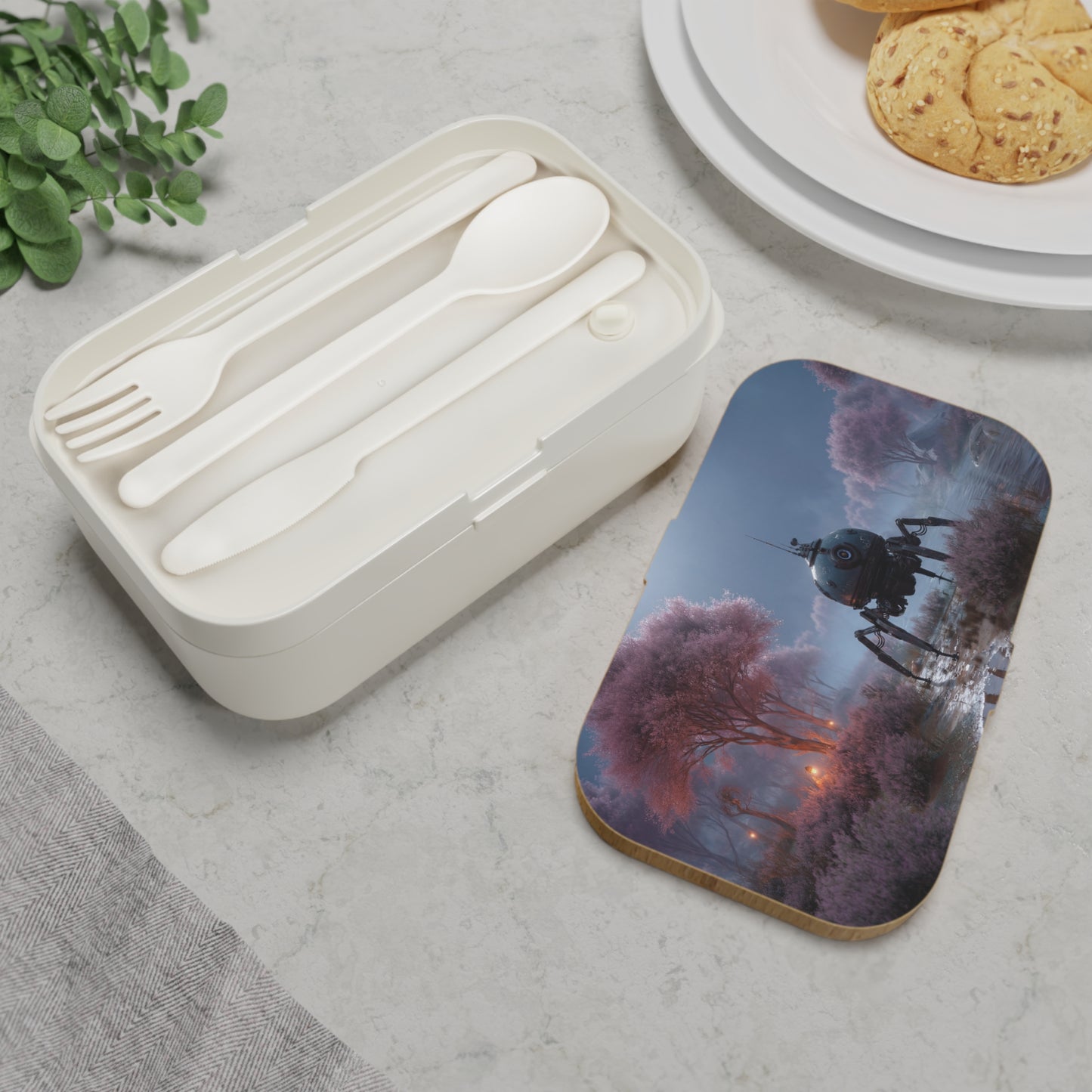 Cybernetic Sentinel Bento Lunch Box – Twilight Bloom Grove Encounter