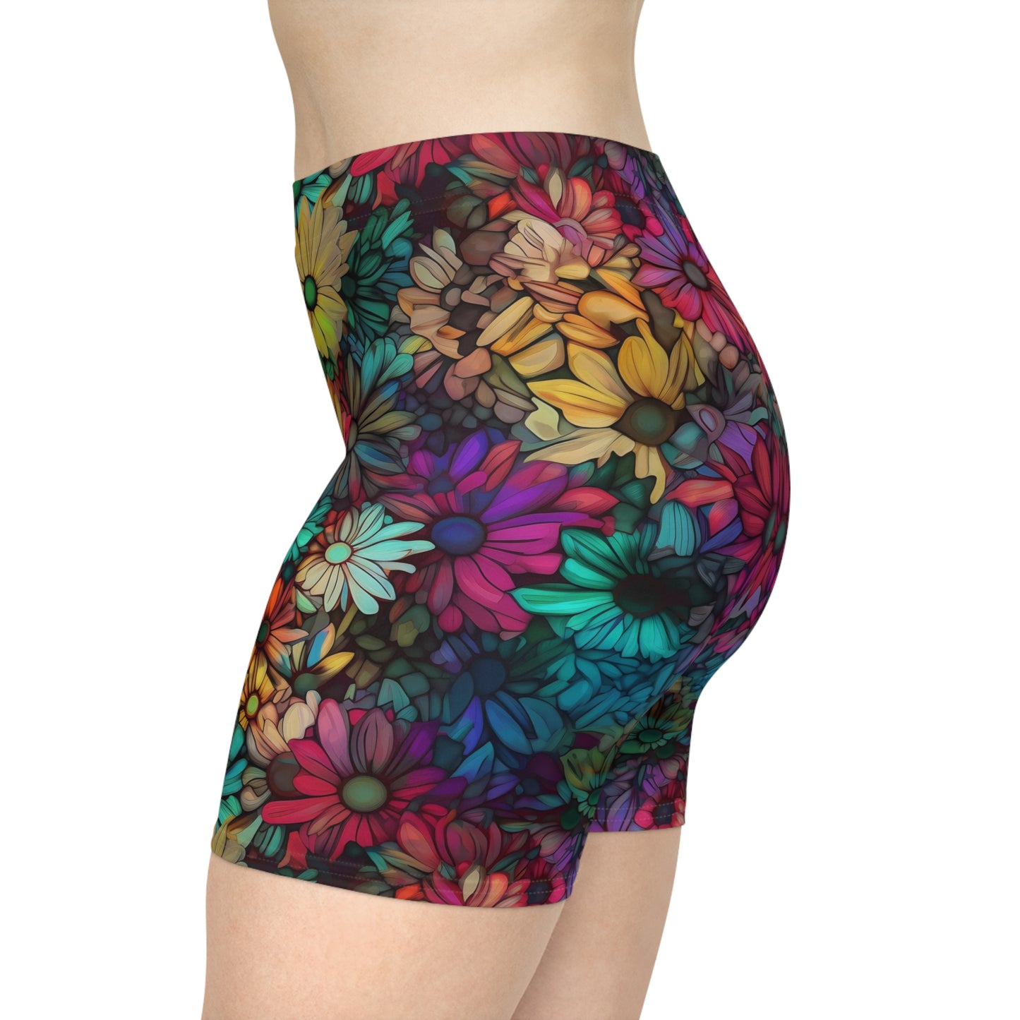 flower camoflage, tiling patern, colorful, rainbow, detailed, magic, fantasy, muted gemstone colors, daisies - Women's Biker Shorts