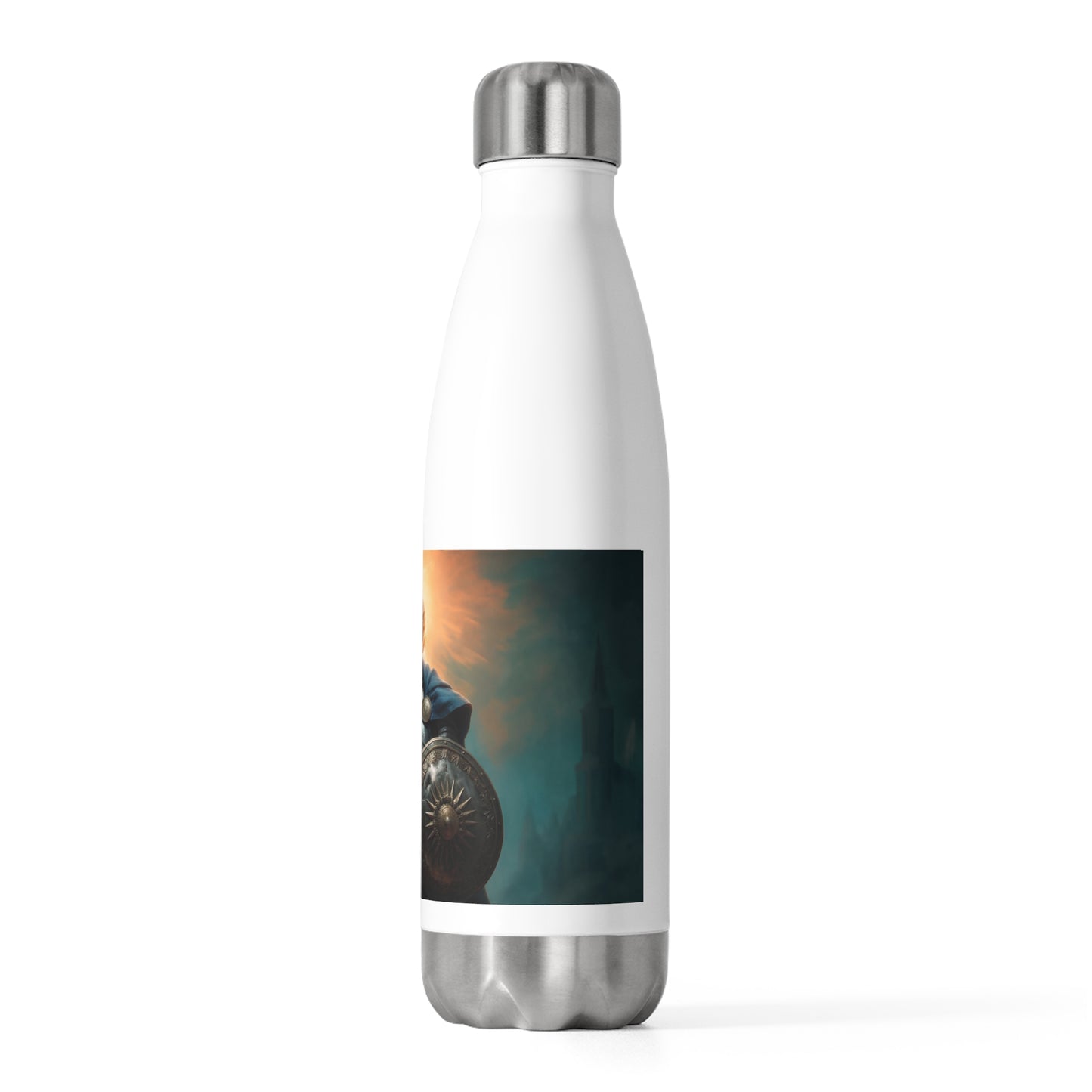 Dawn-Bringer Knight 20oz Insulated Bottle – Sunlit Resolve on a Misty Battlefield
