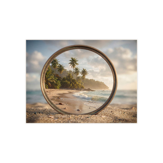 Secluded Island Through Lens Ceramic Photo Tile – Golden Hour Beach Portal