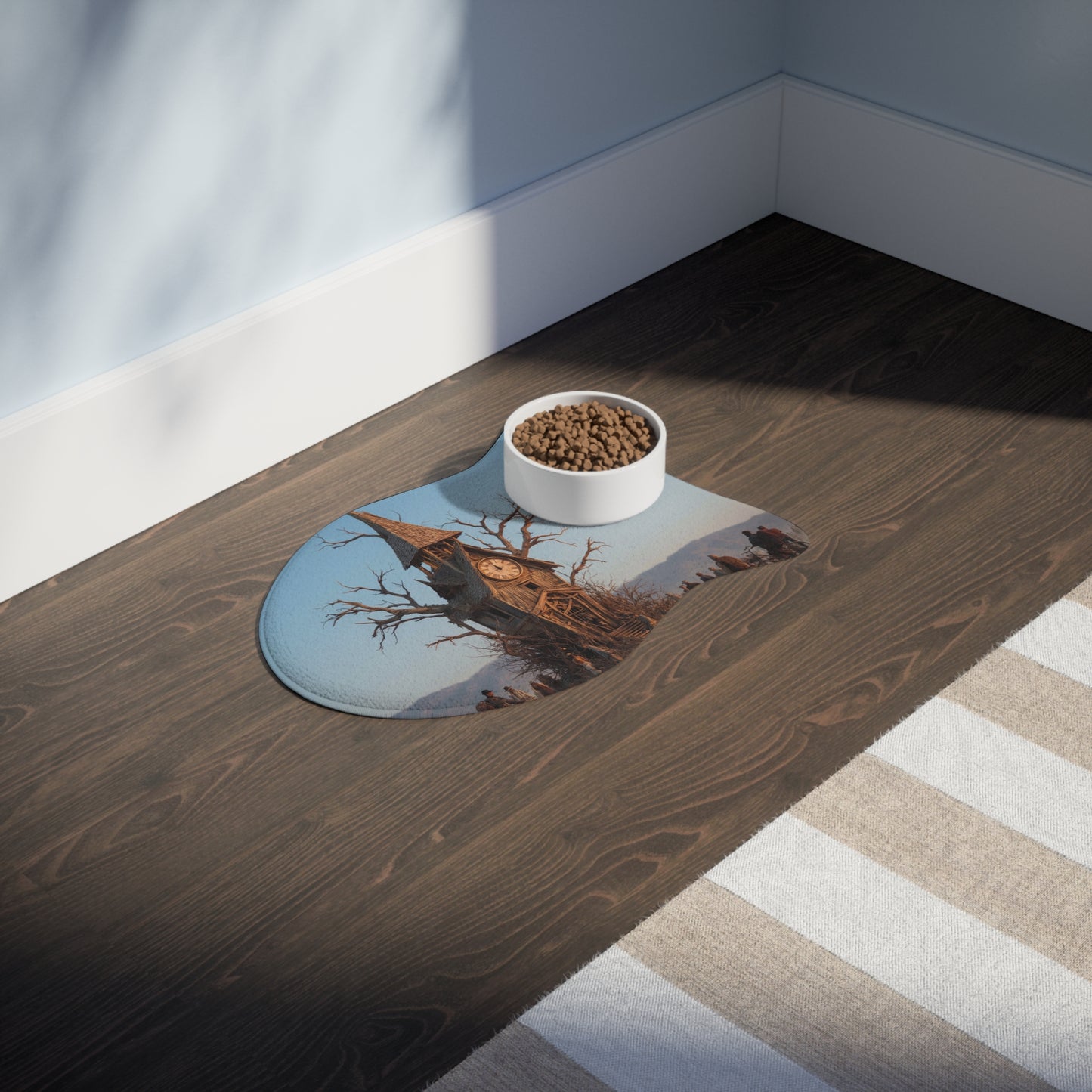 Driftwood Clock Tower Pet Feeding Mats – Post-Apocalyptic Travellers Scene