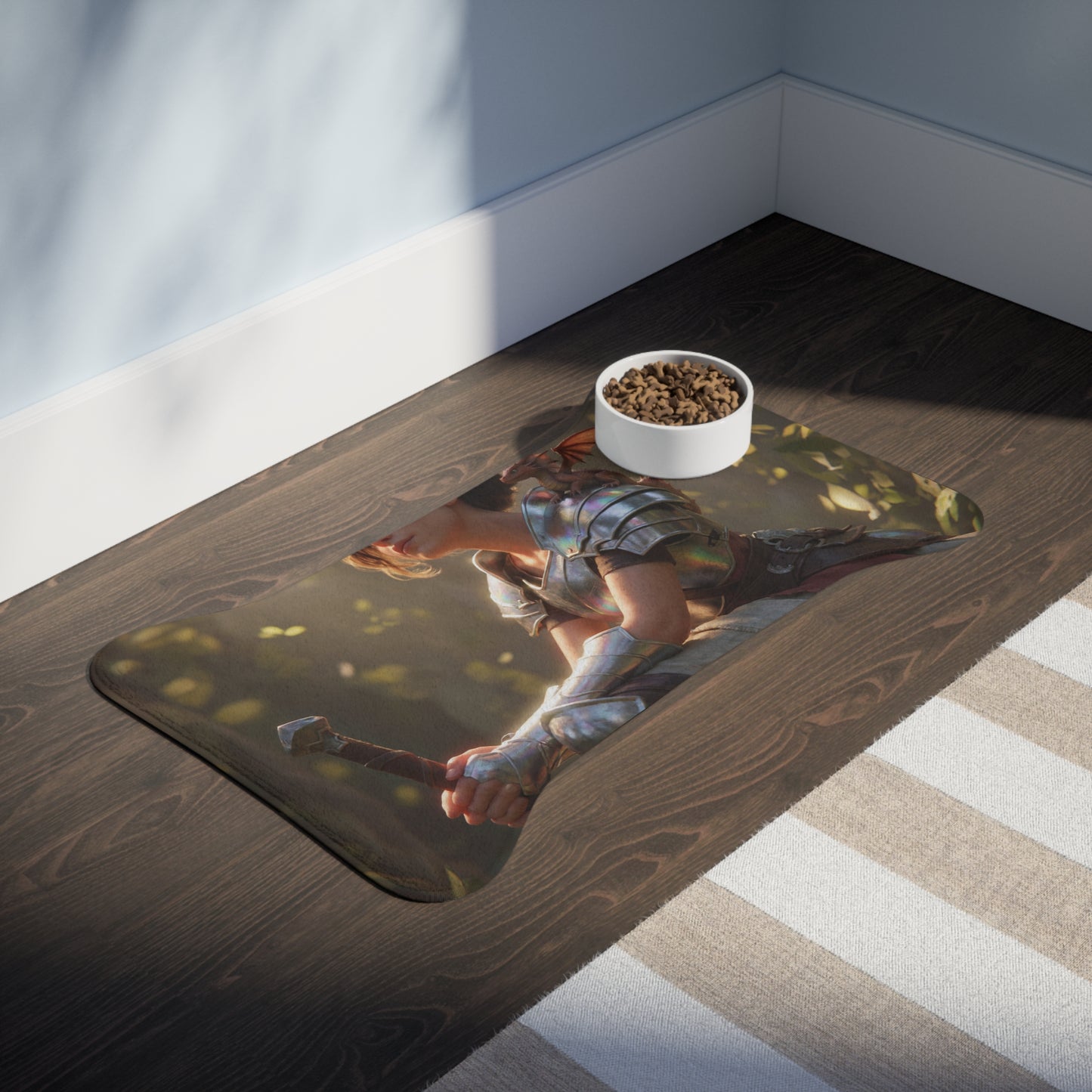 Elven Guardian with Dragon Pet Feeding Mats – Iridescent Armor and Forest Companion
