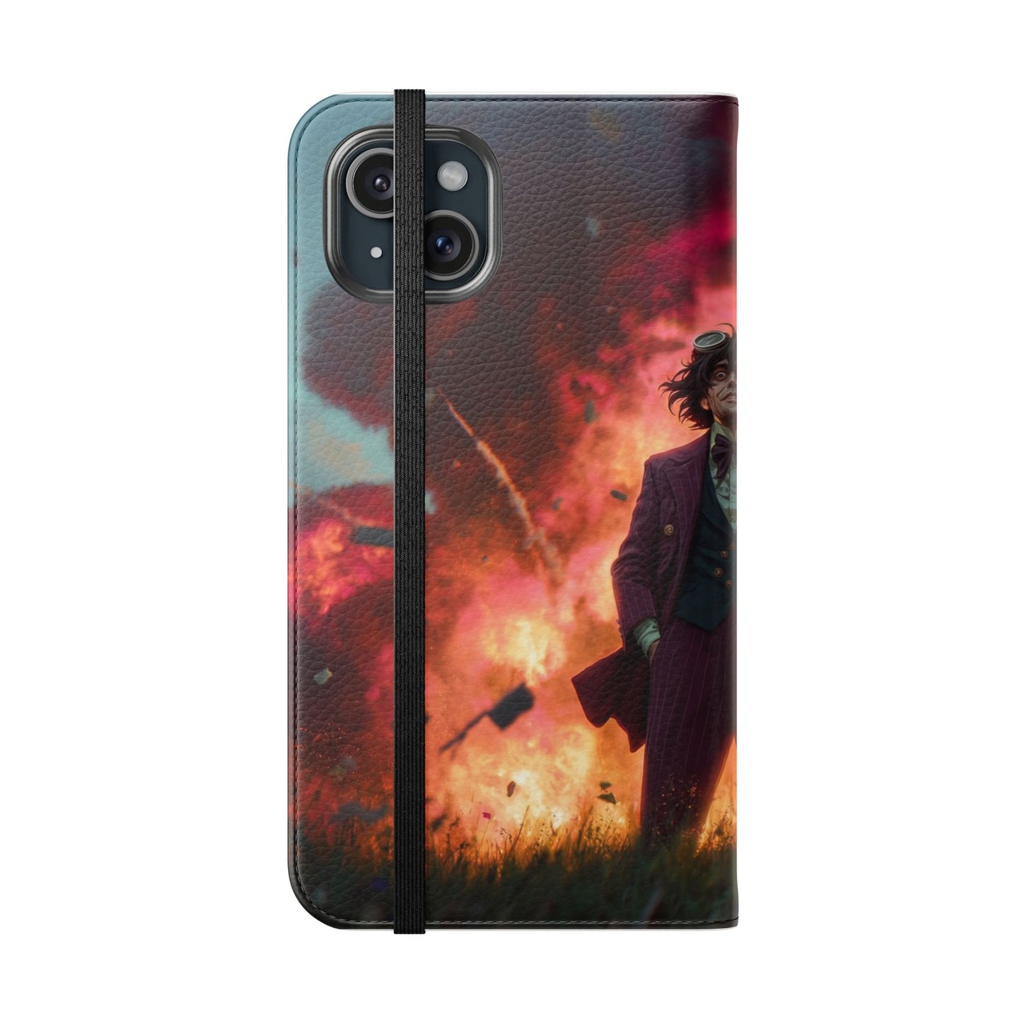 Goggles & Chaos Flip Cases – Purple Suit Amidst Fiery Explosion