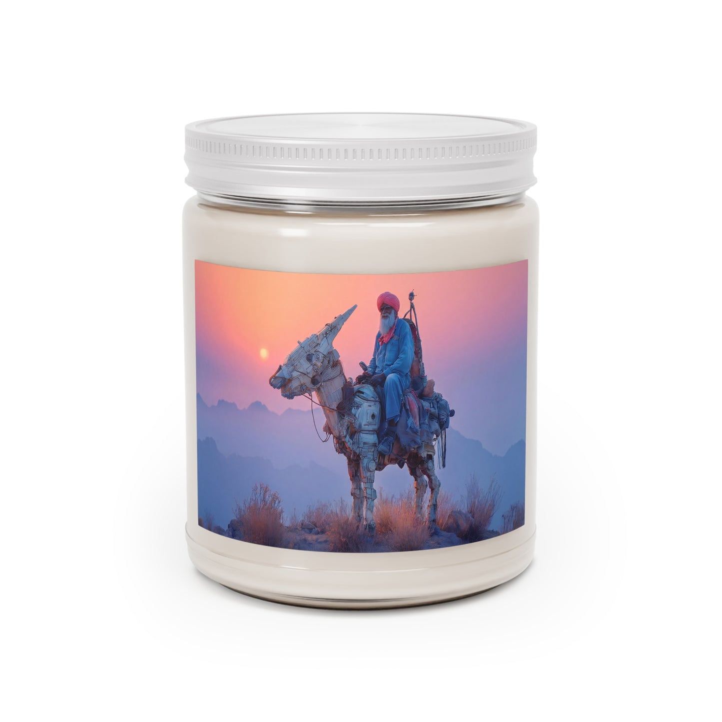 Cyber Donkey Rider Scented Soy Candles with White Lid, 9oz – Sunset Sentinel of the Dusty Peaks