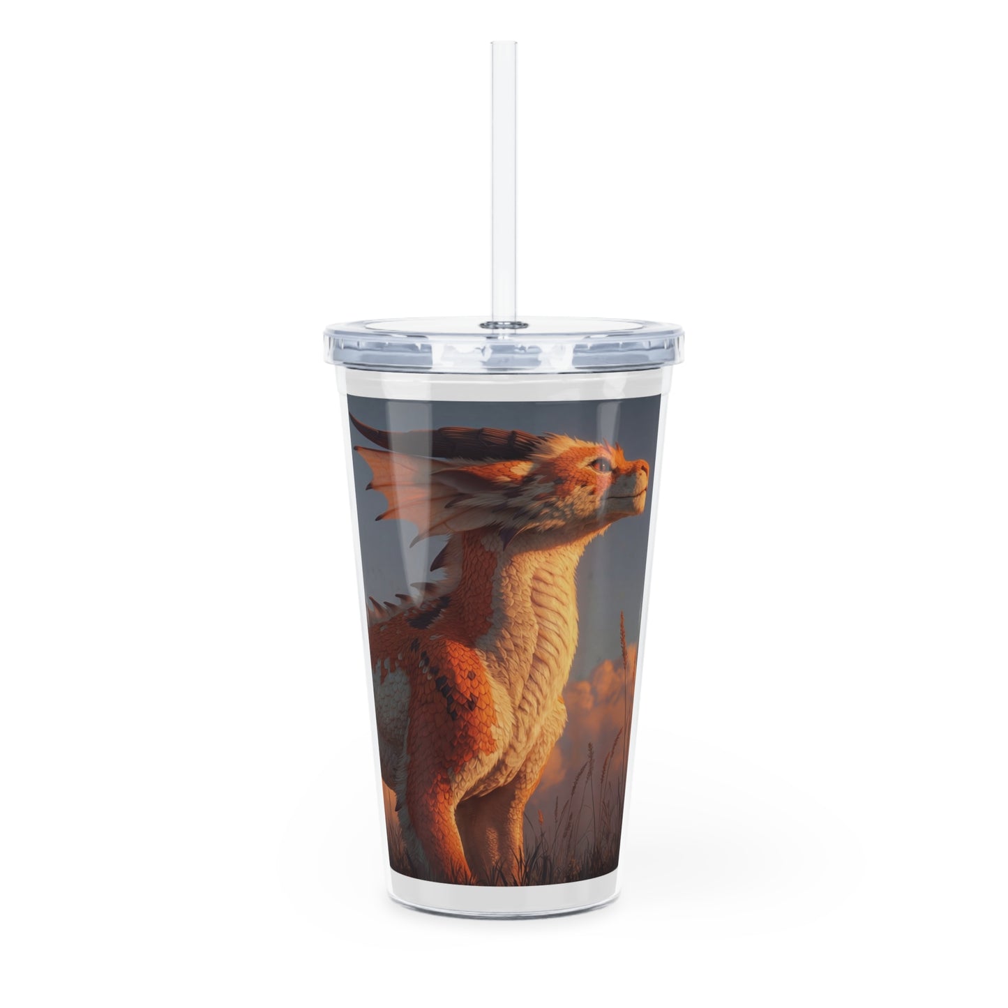 Sunset Dragon Plastic Tumbler with Straw – Golden Hour Guardian