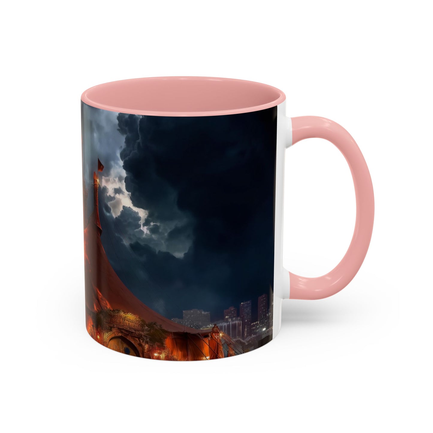 Crimson Circus Tent Accent Coffee Mug (11, 15oz) – Neon Nightscape Under Thunderclouds
