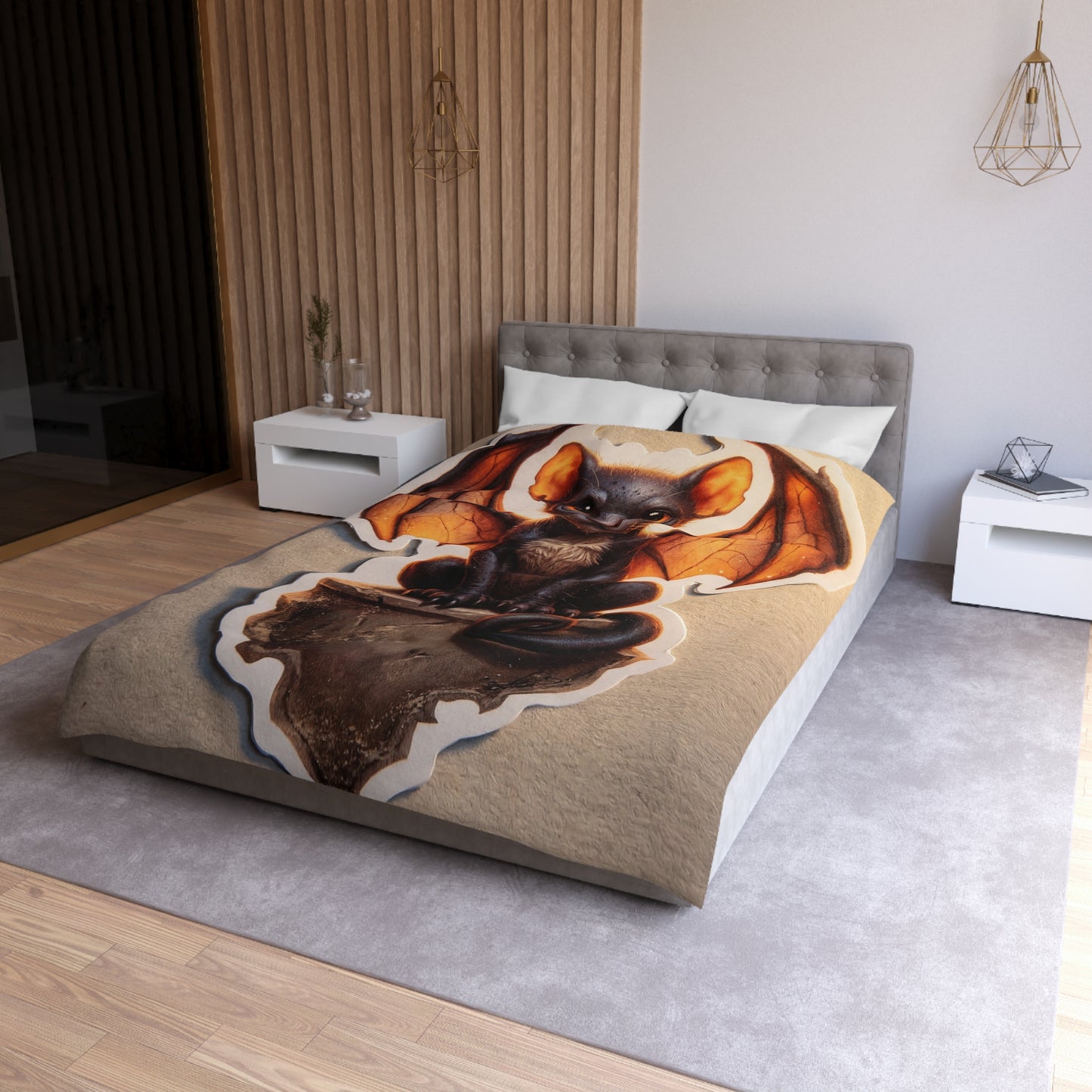 Winged Feline Sentinel Microfiber Duvet Cover – Amber Glow in Shadowed Gaze
