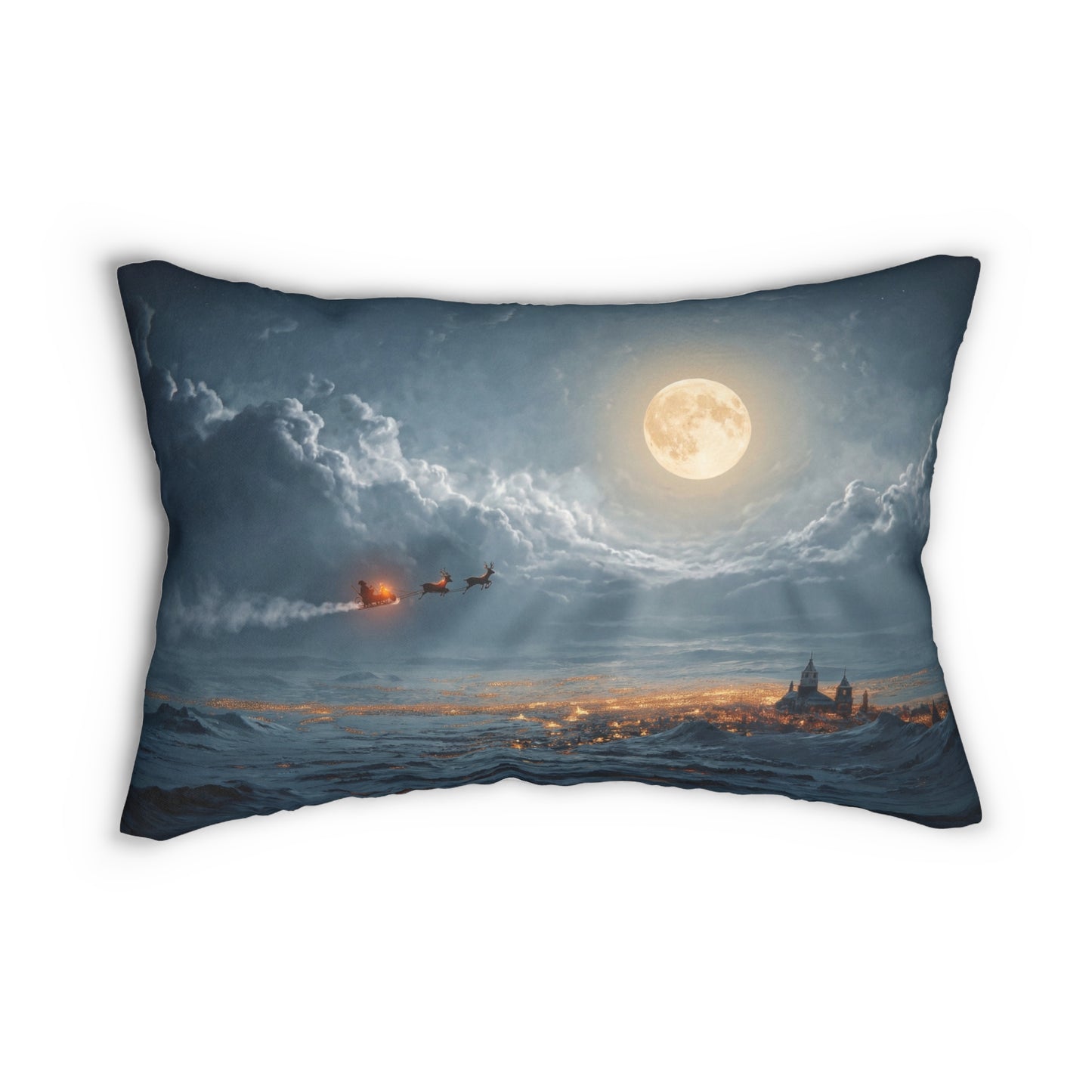 Lunar Night Sleigh Ride Lumbar Pillow – Midnight Winter Journey Through Clouds