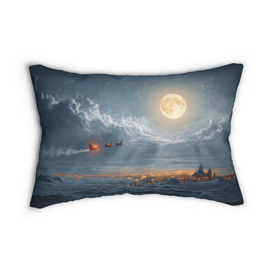 Lunar Night Sleigh Ride Lumbar Pillow – Midnight Winter Journey Through Clouds
