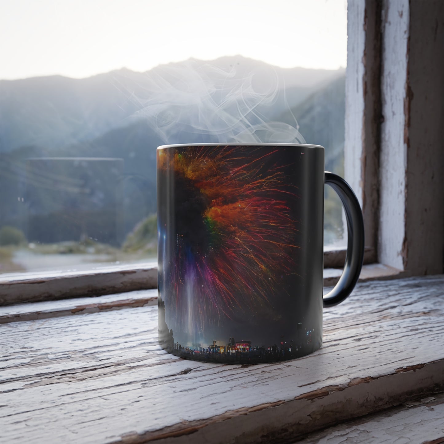 giant rainbow fireworks exploding in the sky, black rock city in the background, lasers and lights illuminating dust, last star in an early morning sky, crowds of people dancing below, award-winning photo, photographic realism - Color Morphing Mug, 11oz