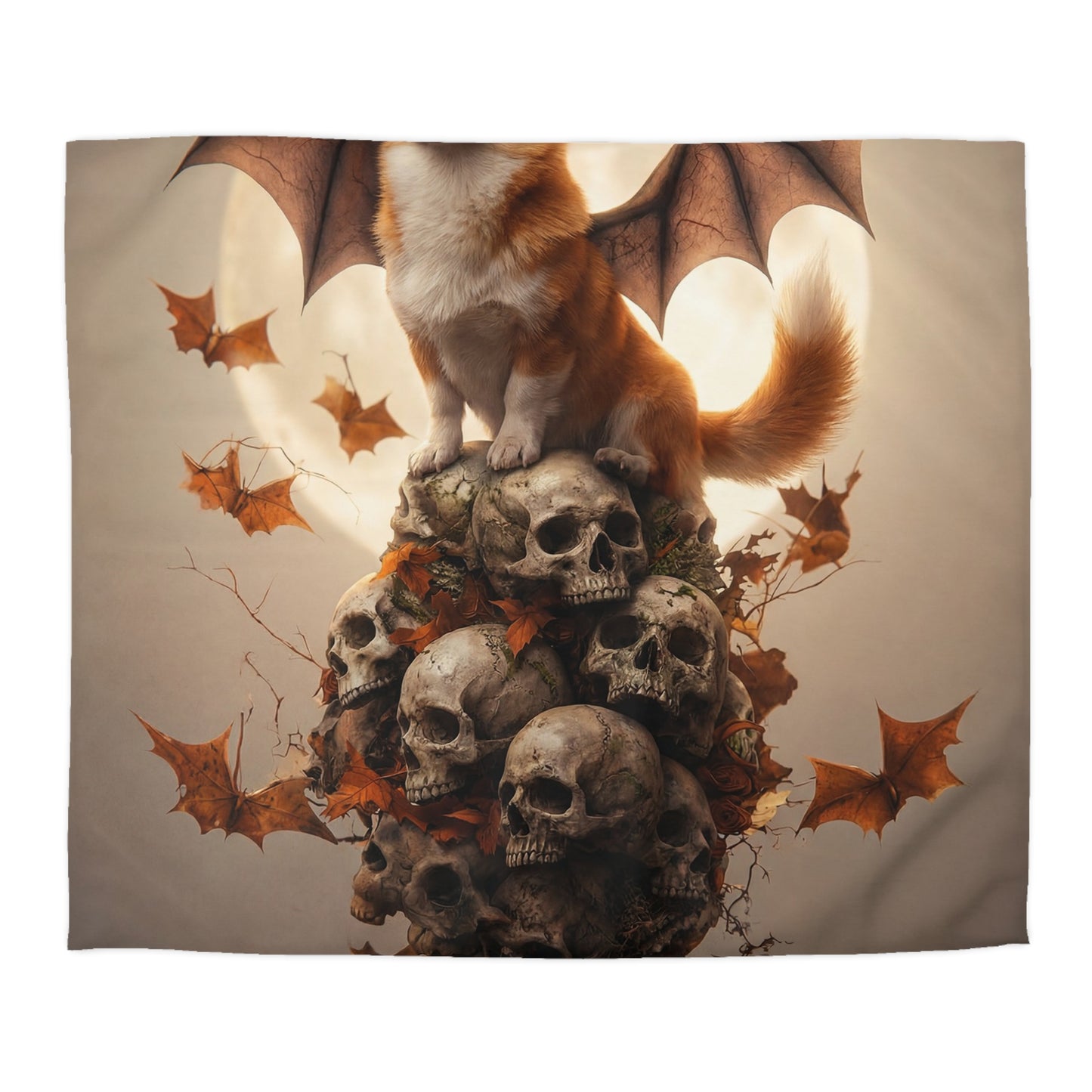 Winged Corgi Over Skulls Duvet Cover – Autumn Moonlight Sentinel