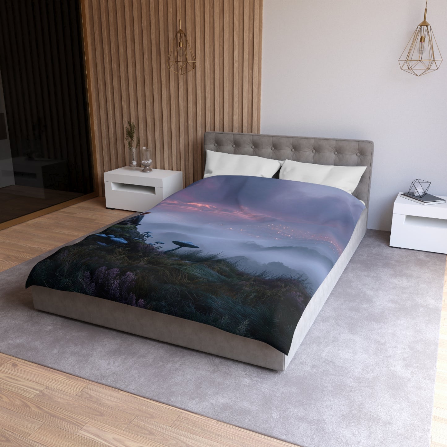 Moonlit Wanderer Microfiber Duvet Cover – Twilight Vista with Bioluminescent Fungi