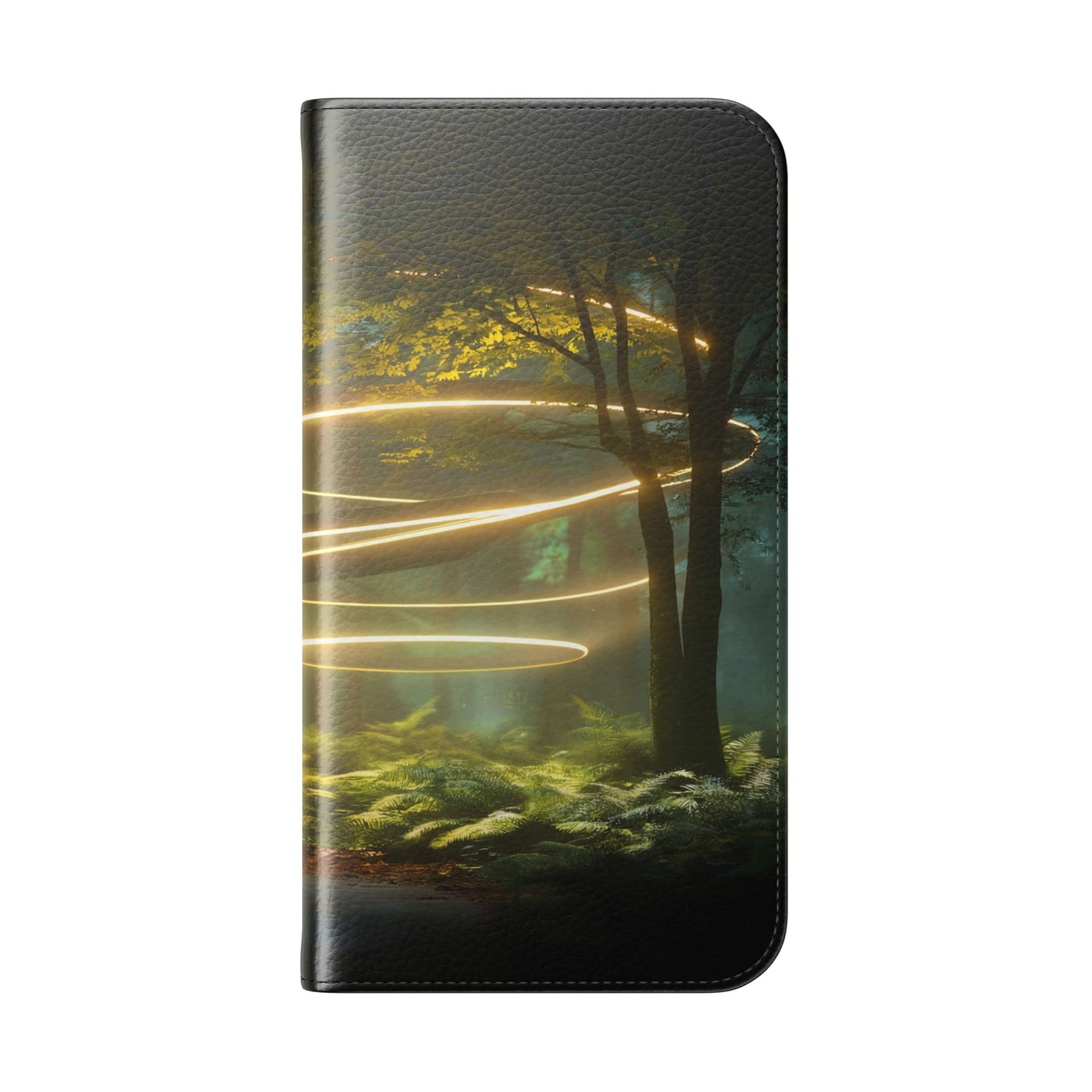 Luminous Spiral Forest Flip Cases – Golden Light Rings Mystery Scene